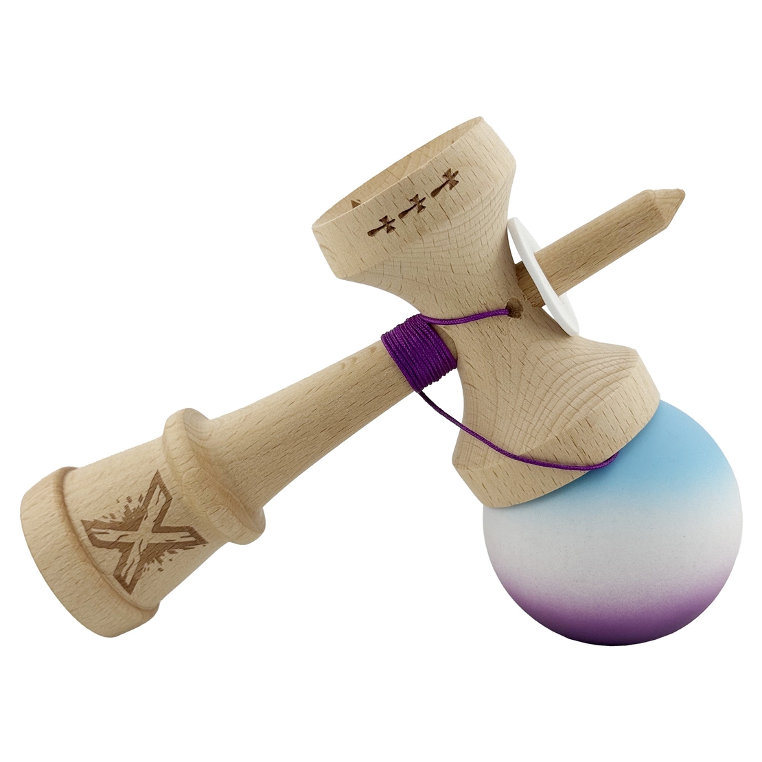 Kendama X Originala, Profesionala, Flippy, Cupe Mari KING SIZE V3, Rubber Grip, Gaura in Baza, Rulment Metalic, din lemn 18 cm, Ata 62/65 cm, Gradient Albastru deschis/Alb/Mov