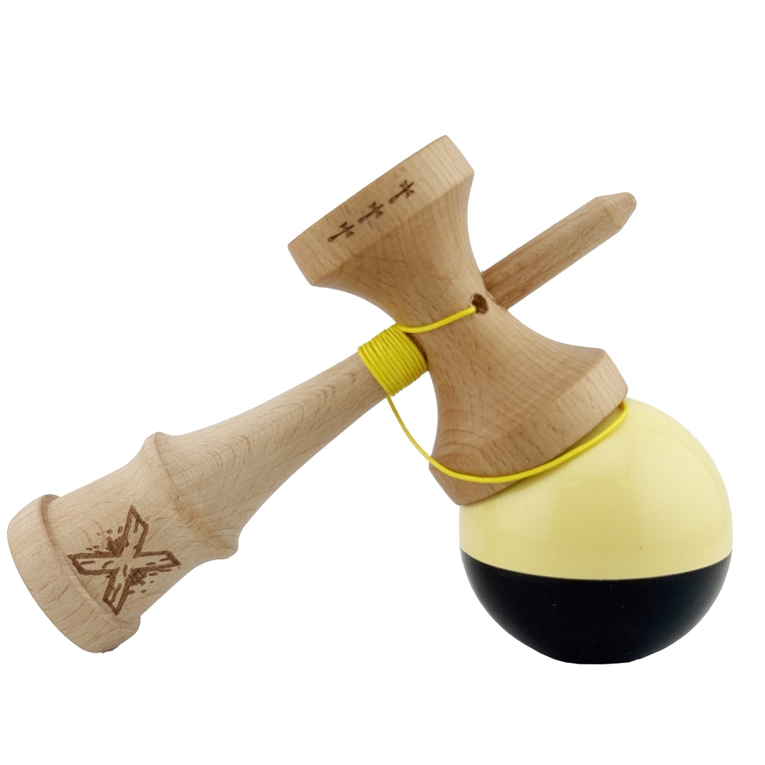 Kendama X Originala, Profesionala, Flippy, Big Cups V2, Super Sticky cu Cupe Mari, Rulment Metalic, din lemn 18 cm, Ata 55 cm, Galben/Negru