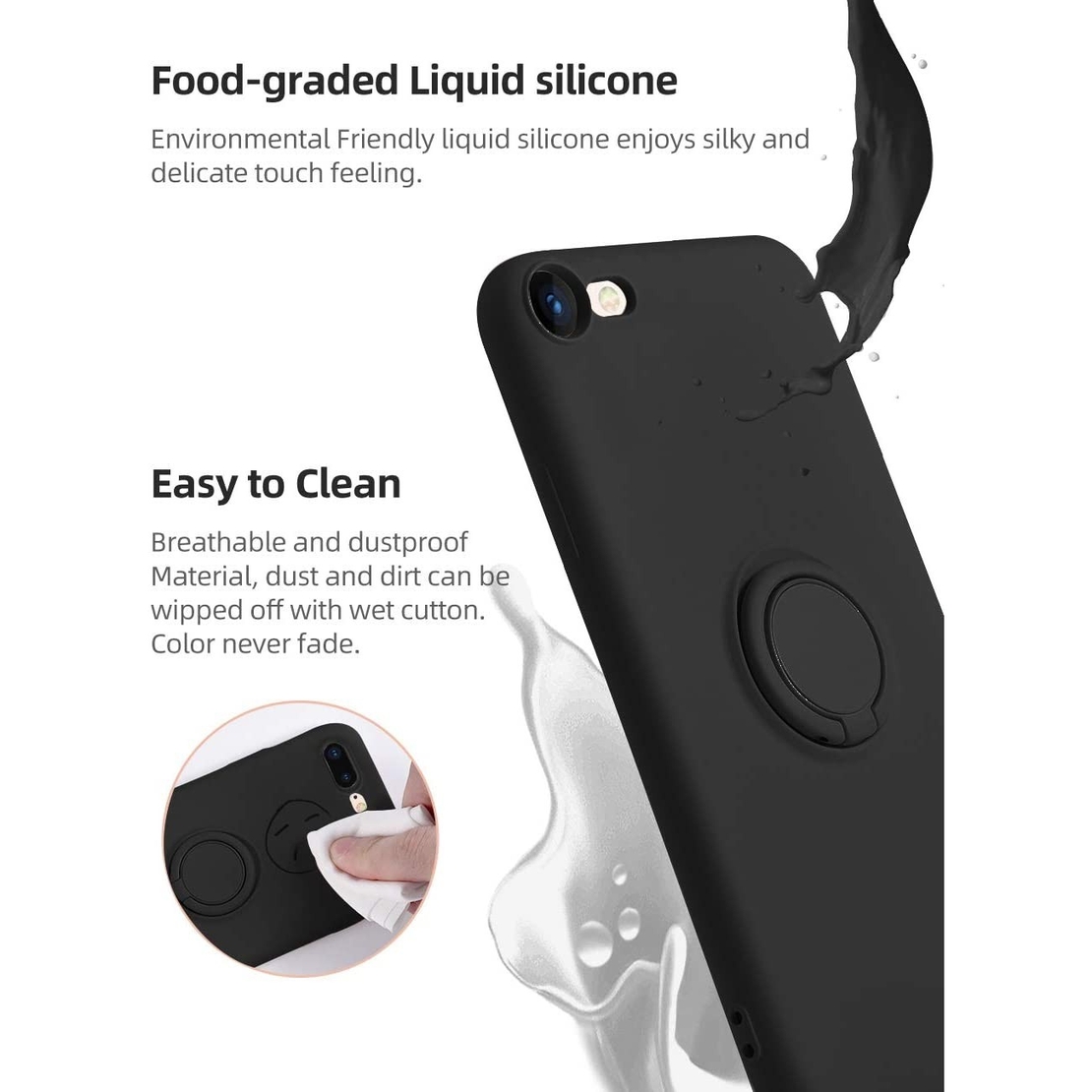 Husa protectie Vafy compatibila cu Apple iPhone 7/8/SE 2020 Liquid Silicone Ring cu suport rotativ Negru