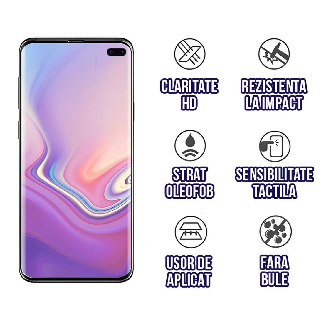 Folie Sticla Securizata Curbata Flippy pentru Samsung S10 Plus cu recunoastere a amprentelor digitale, 9H, lipici margine, contur negru