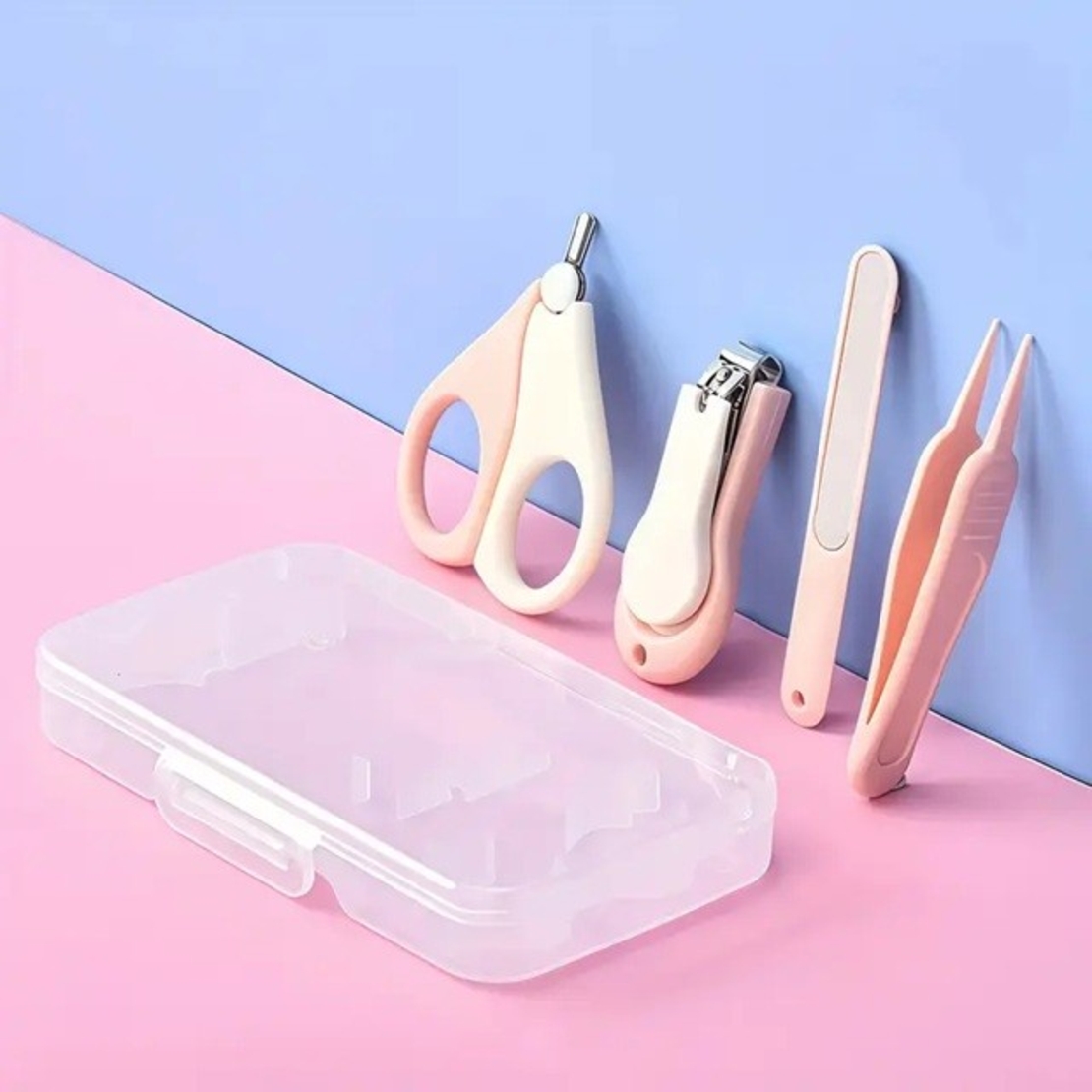 Set 4in1 de Ingrijire Unghii pentru Bebelusi, Flippy, Cutie de Depozitare Texturata, 0-6 Ani, 13.6x8x2 cm, Roz