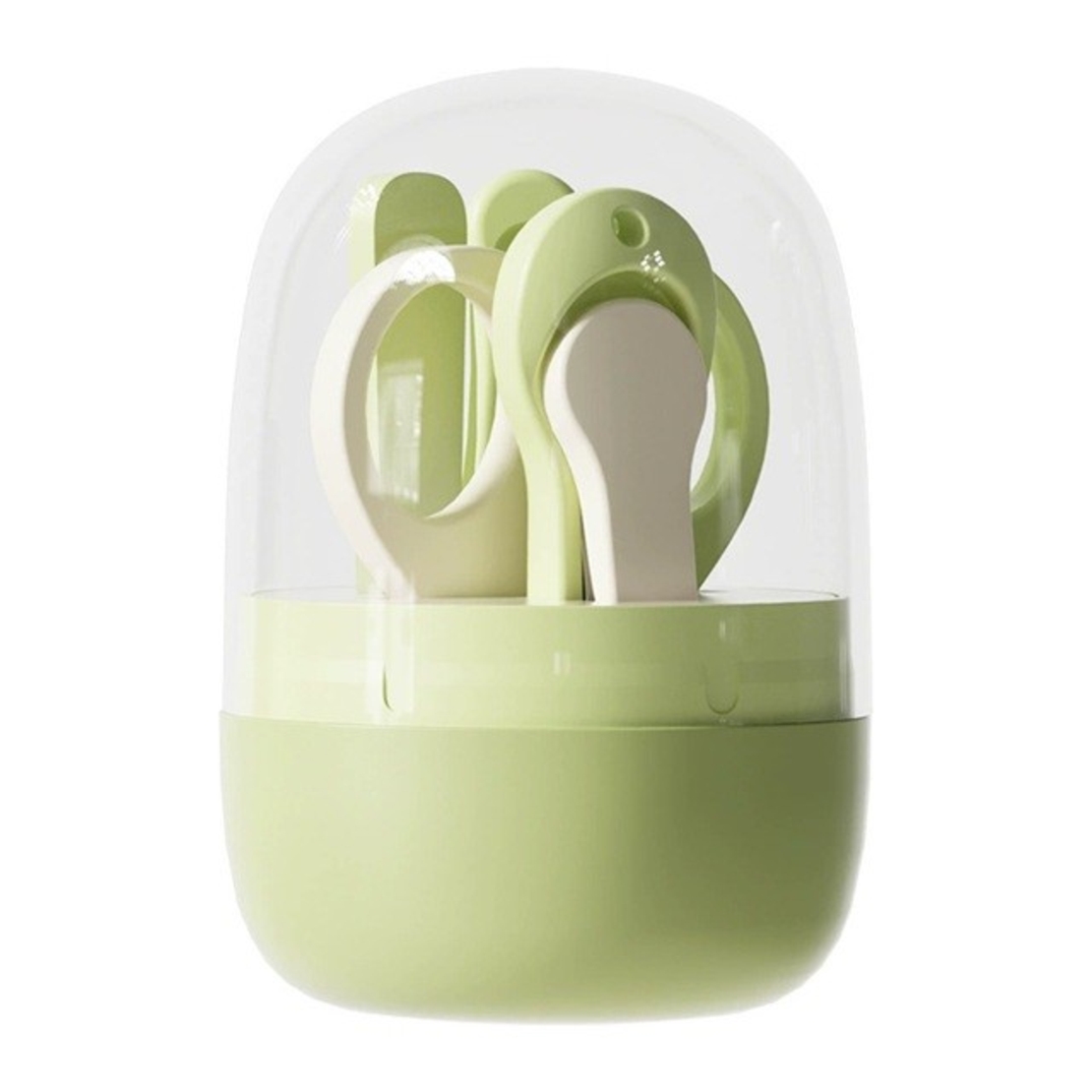 Set 4in1 de Ingrijire Unghii pentru Bebelusi, Flippy, Cutie de Depozitare Tip Borcan, 0-6 Ani, 10 x 7 x 6 cm, Verde