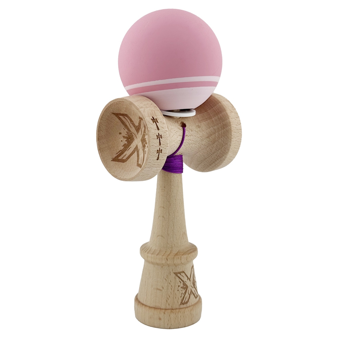 Kendama X Originala, Profesionala, Flippy, Rubber Grip, Cupe Mari KING SIZE V3, Gaura in Baza, Rulment Metalic, din lemn 18 cm, Ata 62/65 cm, Bicolor Roz/Roz deschis