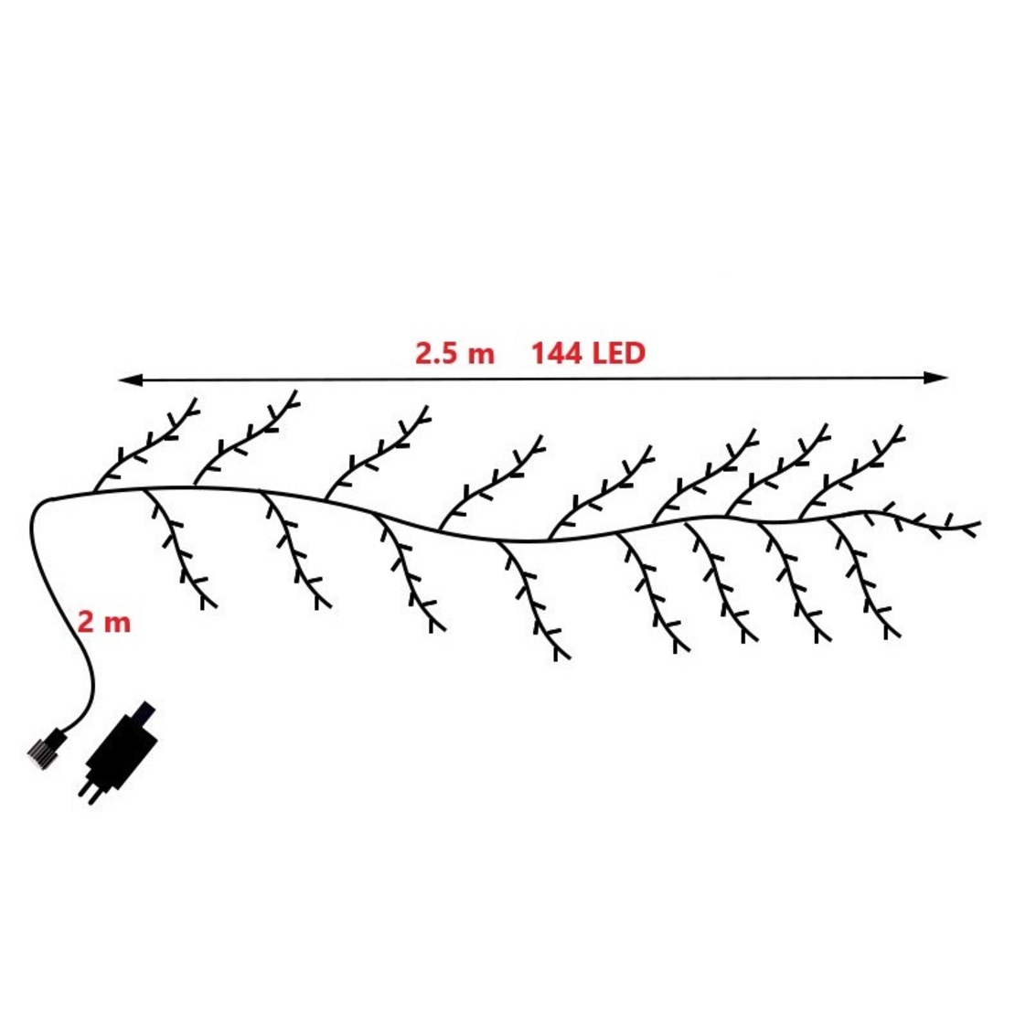Instalatie Craciun tip Creanga Vafy, 144 LED-uri, Conectare la Retea, 8 Jocuri de Lumini, Telecomanda, 2.5 m, Prelungitor 2 m, 3V, 1.5V, Fir Negru, Alb Cald