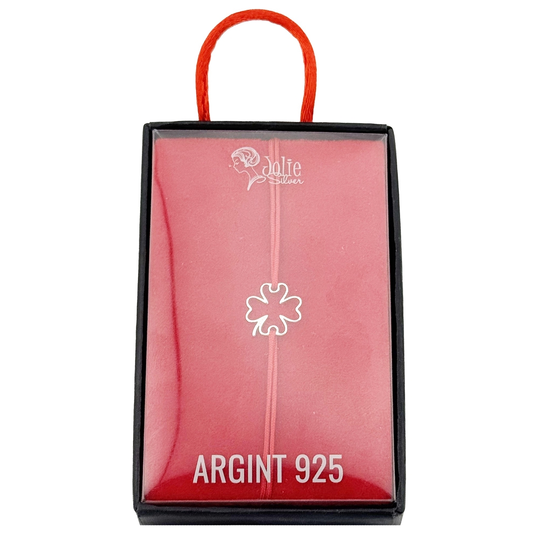Bratara Argint 925 pentru Dama, Jolie, Model Trifoi in Contur, Martisor Bratara de 1 Martie, Pandativ Argintiu cu Snur Rosu