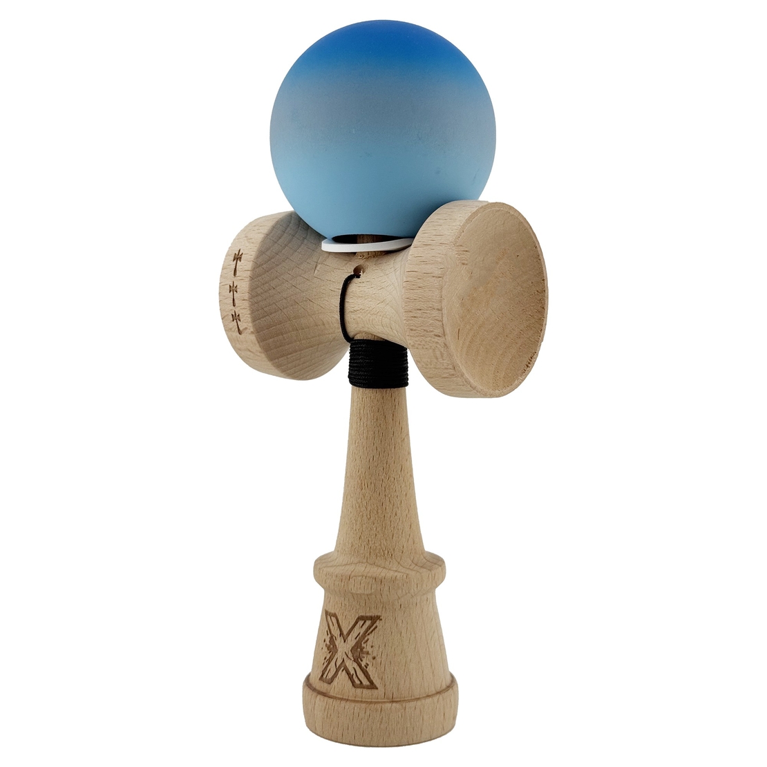 Kendama X Originala, Profesionala, Flippy, Cupe Mari KING SIZE V3, Rubber Grip, Gaura in Baza, Rulment Metalic, din lemn 18 cm, Ata 62/65 cm, Gradient Albastru/Gri/Albastru deschis