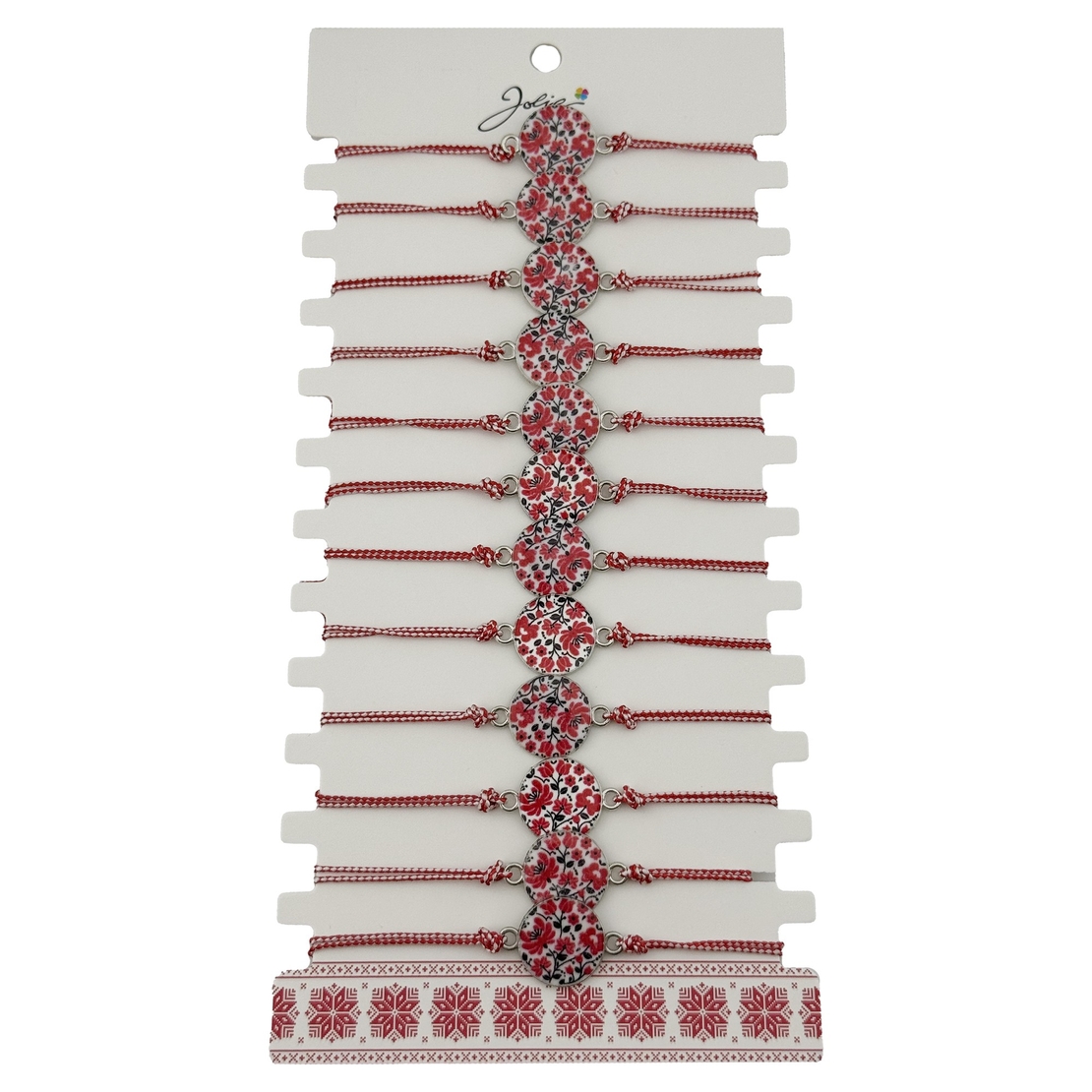 Bratara Martisor pentru Dama, Jolie, Model Rotund cu Flori, Set 12 bucati, Pandativ din Aliaj, cu Print Traditional, Snur Ajustabil Impletit, Alb/Rosu