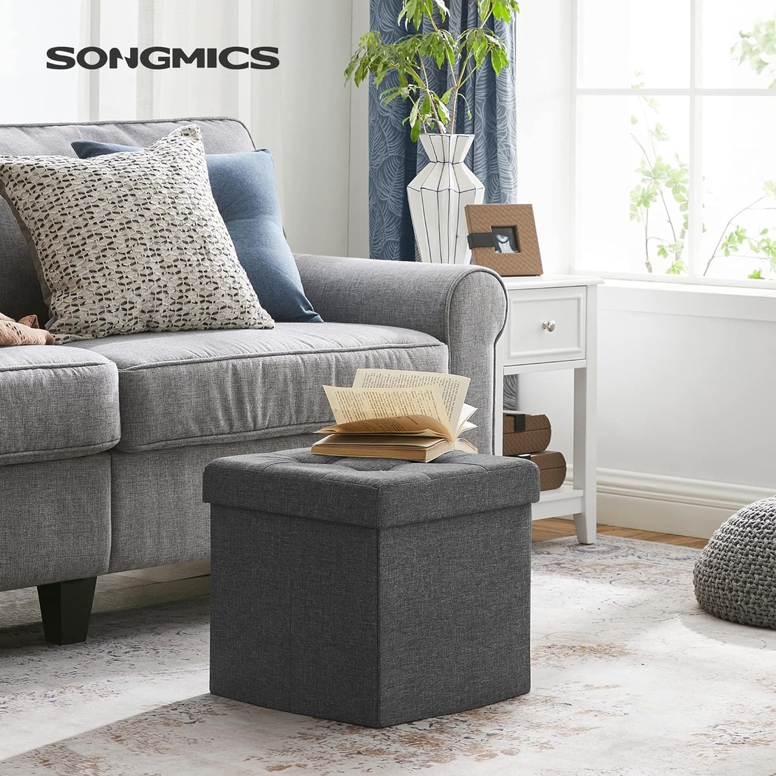 SONGMICS Taburet cu sezut moale, spatiu de depozitare, maxim 300kg, 38x38x38cm, gri inchis
