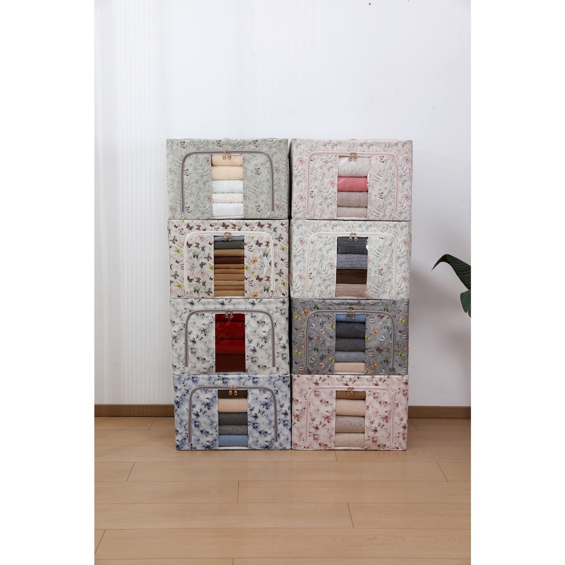 Cutie Depozitare, Vafy, 66L, din Material Textil, 50 x 40 x 33 cm, pentru Haine si Lenjerii, Model Fluturasi, Gri/Auriu