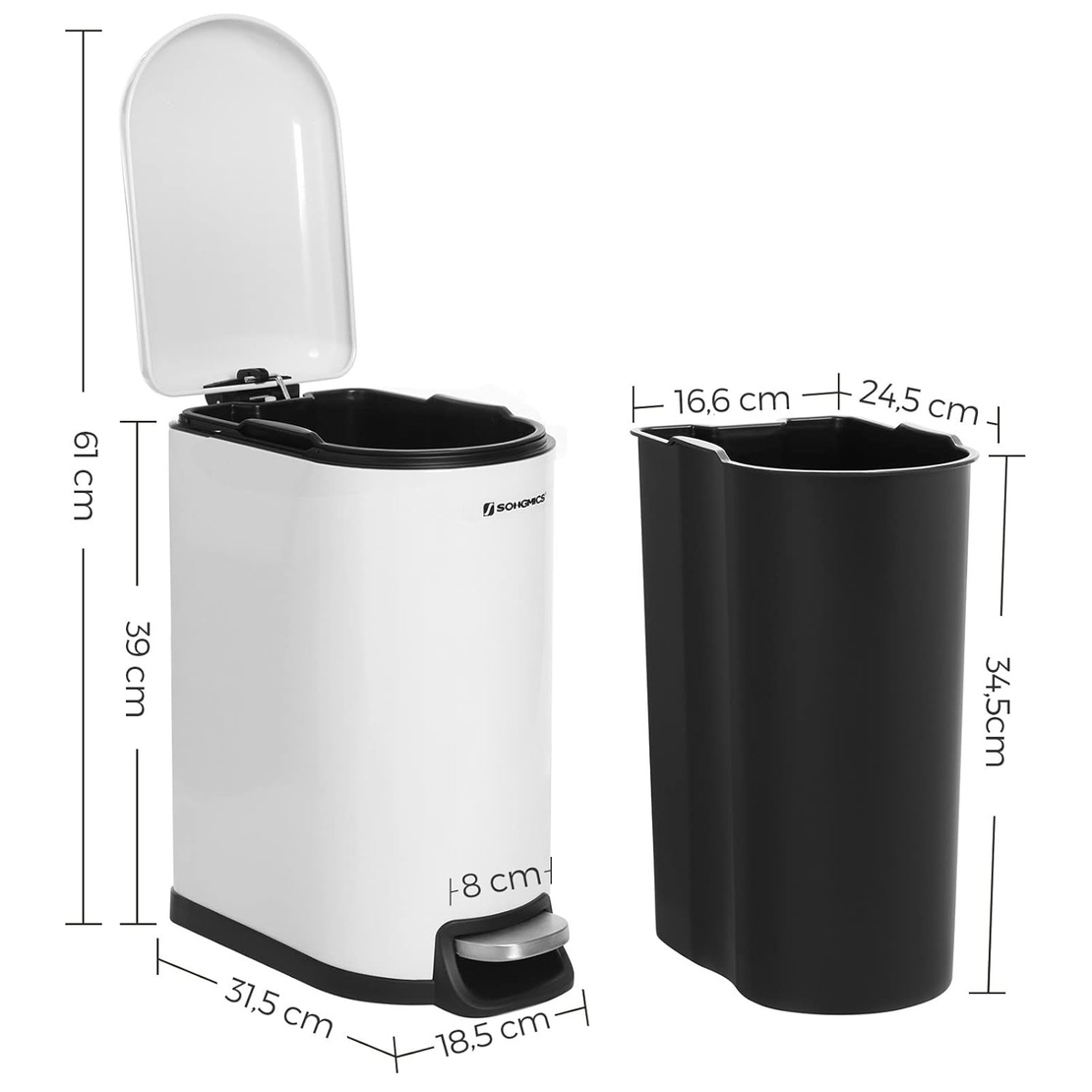 SONGMICS Cos gunoi 10 litri cu pedala si capac soft close, galeata interioara detasabila, 35x19x39 cm, alb