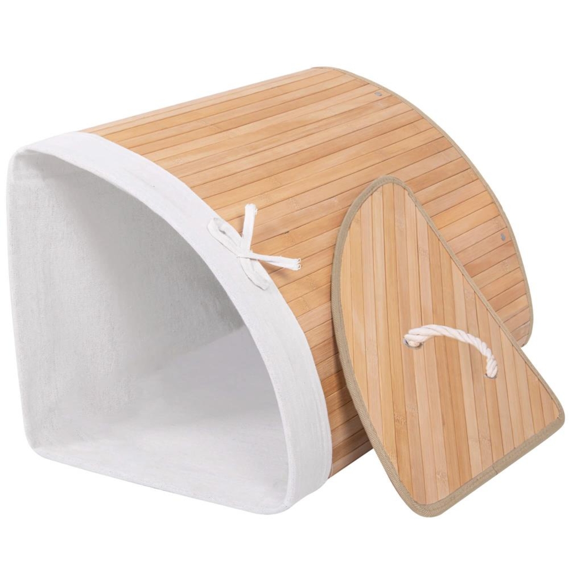 Cos de rufe triunghiular pentru colt cu capac, bambus si sac textil detasabil, 60 litri, 55x35x60 cm, maro natur