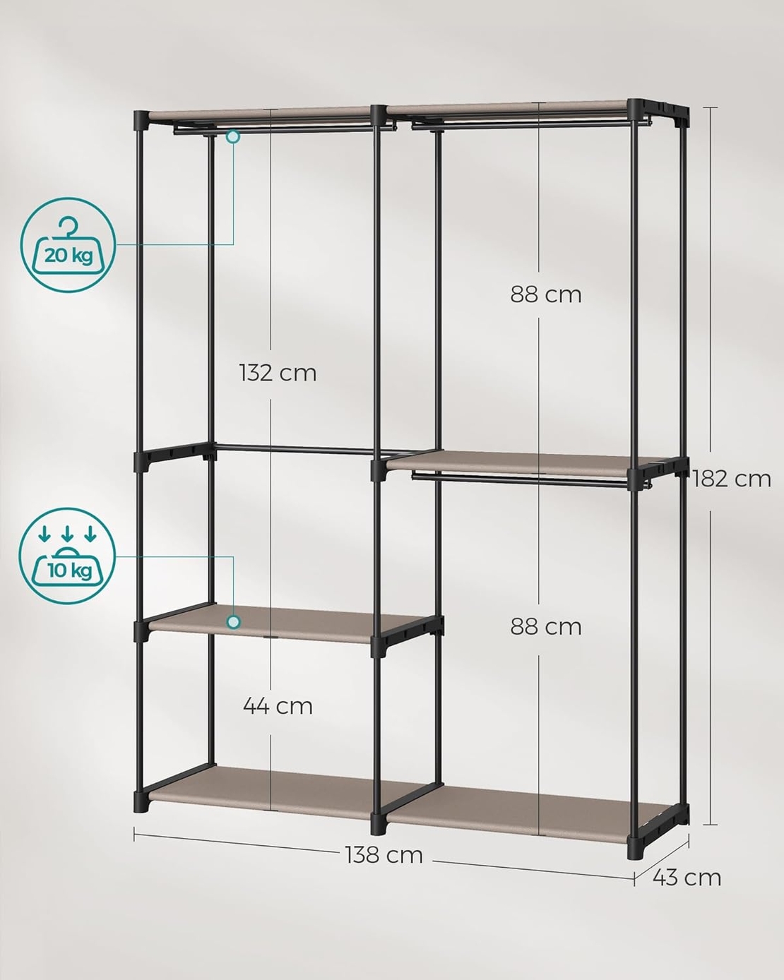 SONGMICS Dulap de haine portabil, cu 3 bare de agatat si rafturi, 138x43x182 cm, maro taupe