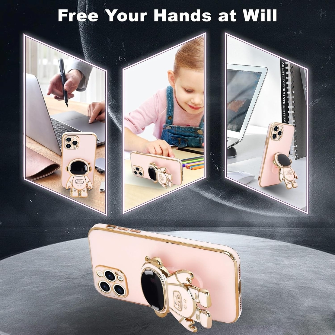 Husa de Protectie TPU 2in1, Vafy, pentru Apple iPhone 14 Pro Max, Astronaut cu Suport, Antisoc, Rezistenta la Impact, Protectie Camera, Roz