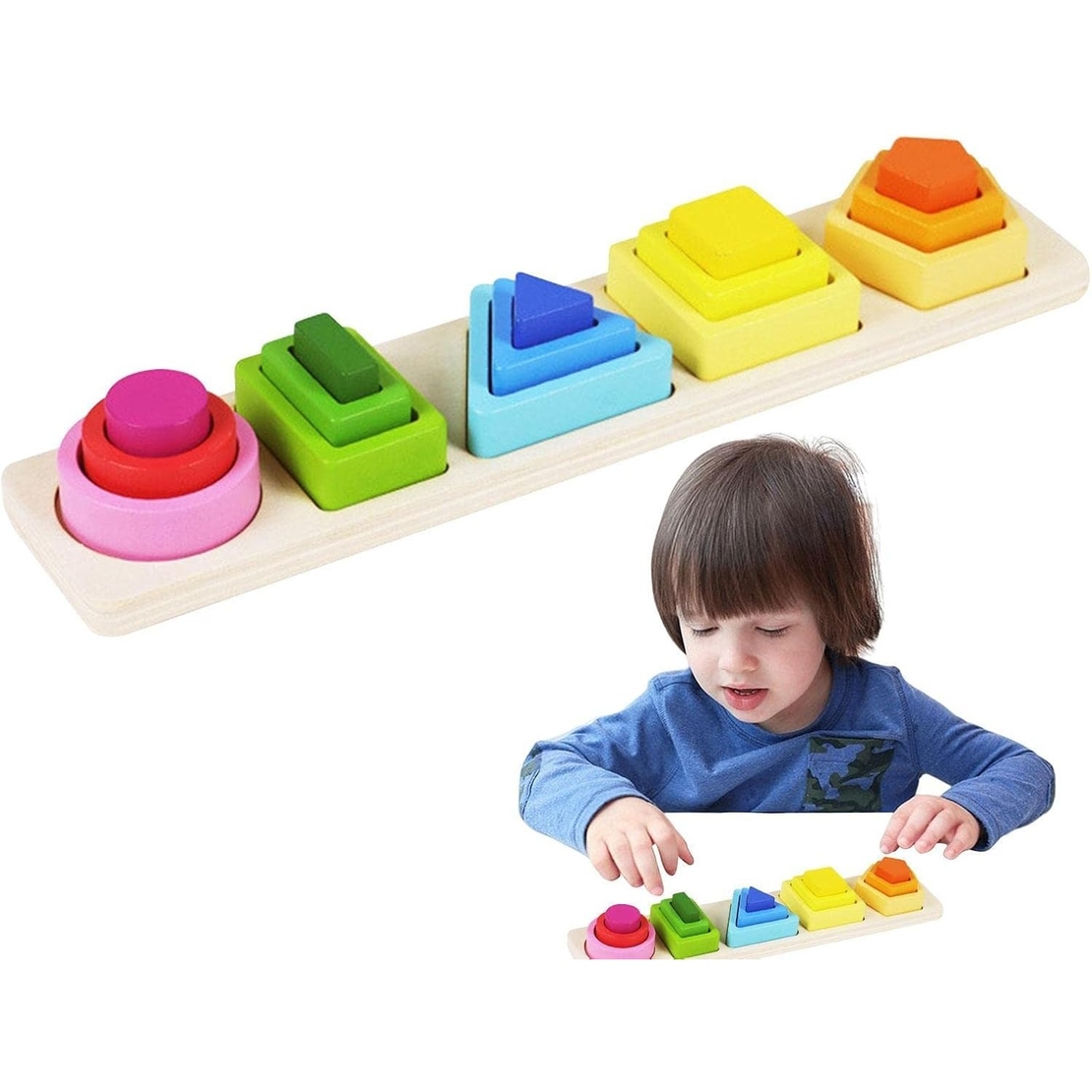 Jucarie Montessori din Lemn, Flippy, Tip Puzzle, cu 5 Forme Asimetrice, 15 Piese, Educativa, Interactiva, Creativa, Model Forme Geometrice, Materiale Non Toxice, +2 Ani, 29x6.5 cm, Multicolor
