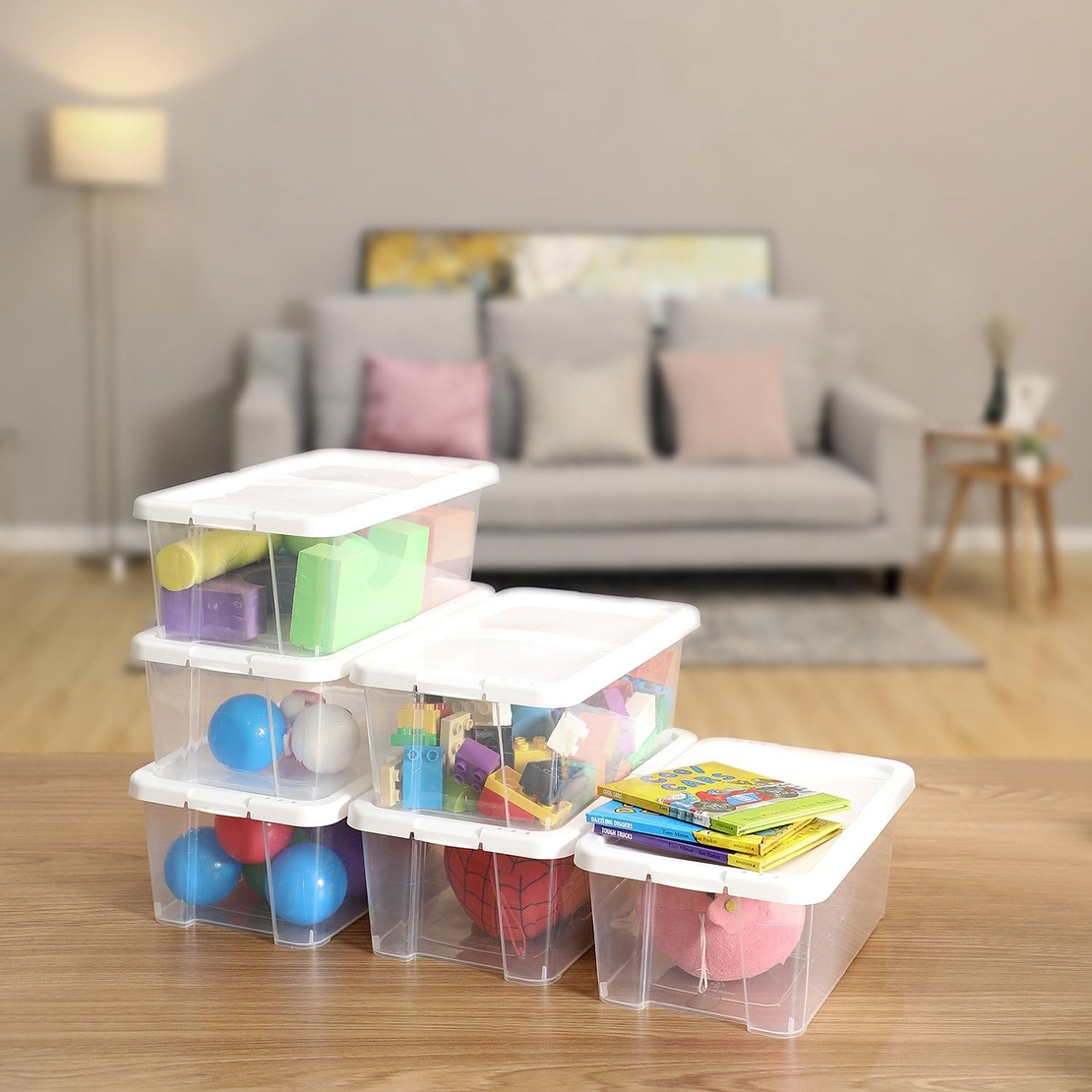 SONGMICS Set 12 cutii de depozitare pantofi, stivuibile, cu capac din plastic, pentru pantofi pana la marimea 41