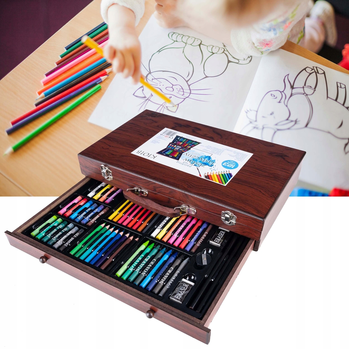 Set desen si pictura XL 130 piese cu valiza din lemn, 37x23x8 cm, multicolor