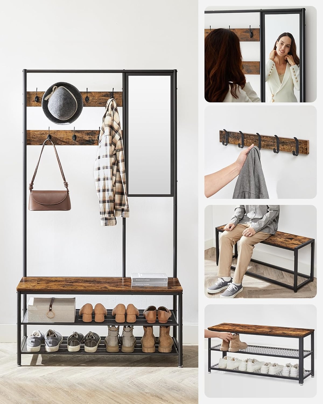 VASAGLE Cuier cu rafturi depozitare pantofi si ​​oglinda, industrial, 35x98x180 cm, maro rustic si negru