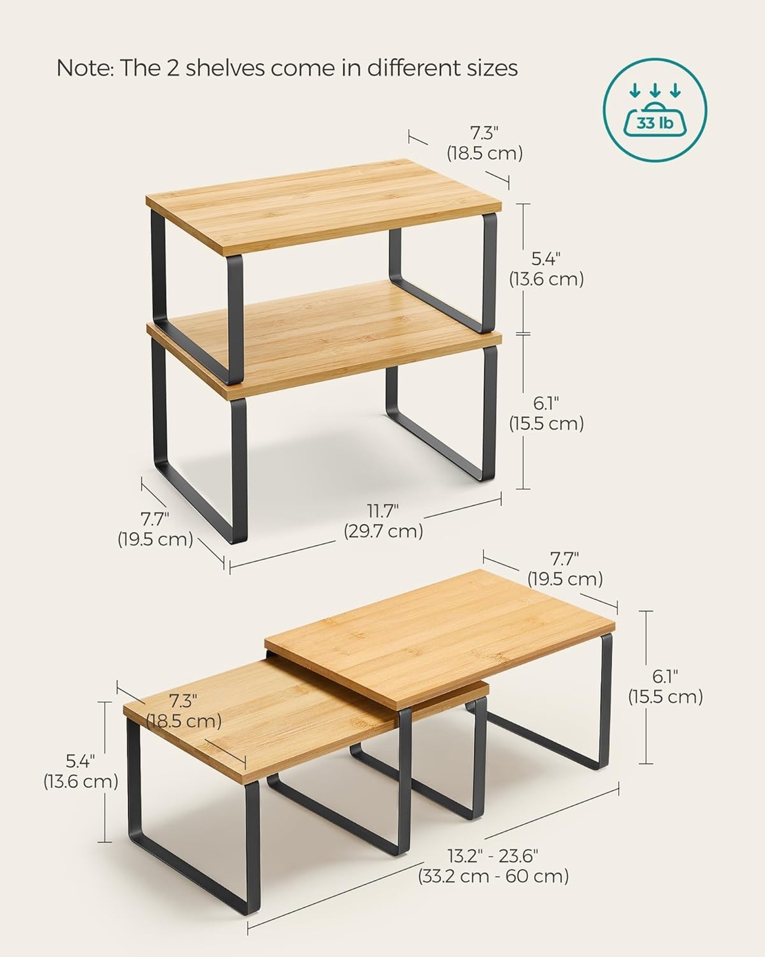 SONGMICS Set 2 rafturi de bucatarie suprapozabile, pentru ustensile sau condimente, 20x30x16cm, natur si negru