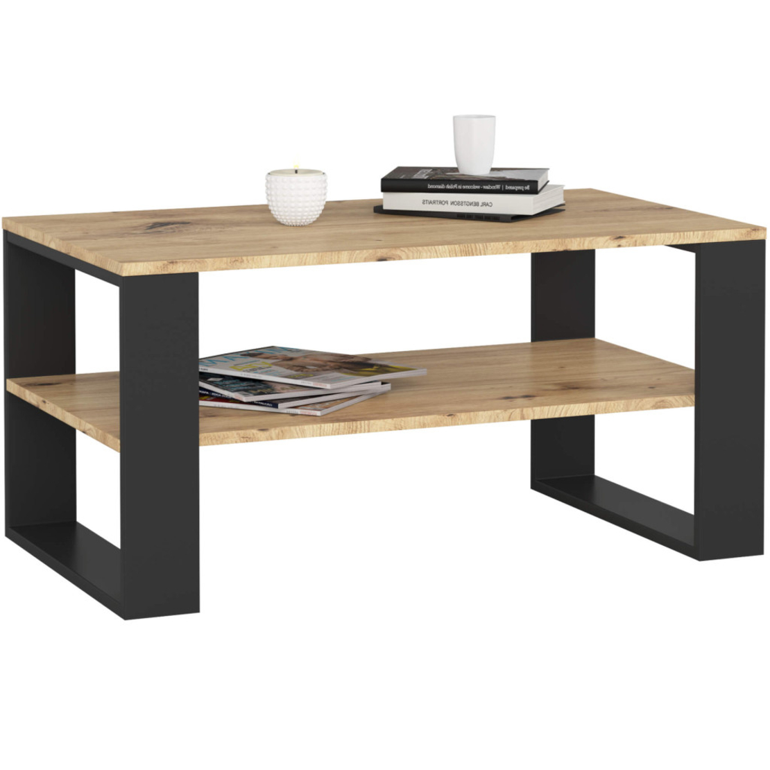 Masuta cafea ALEX cu raft inferior, PAL laminat, 92x53x45 cm, stejar artisan si negru