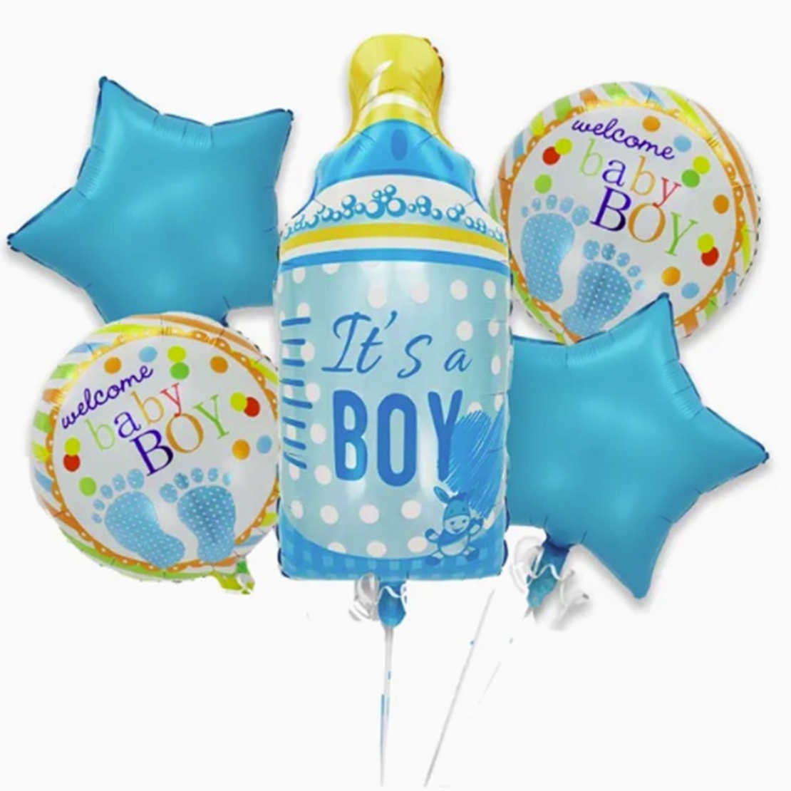 Baloane decorative GENDER REVEAL PARTY, Vafy, Figurina Sticluta, Model IT'S A BOY, Set din 5 baloane, 40 x 77 cm, pentru Botez, Albastru