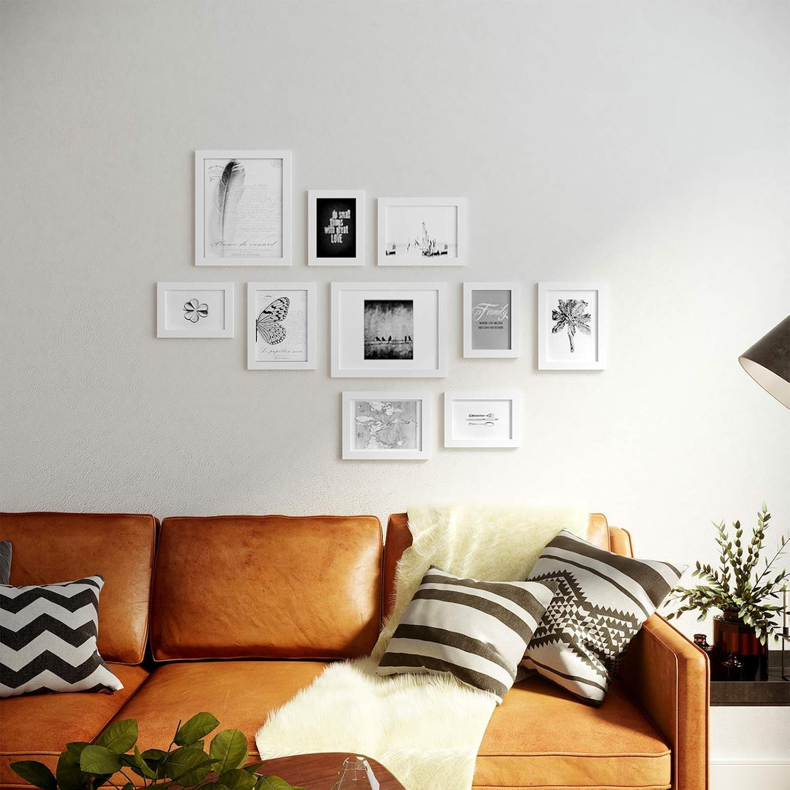 SONGMICS set rame foto 10 buc, 28x24 / 21x16 / 18x13 cm, alb, montaj perete sau birou, MDF si plastic
