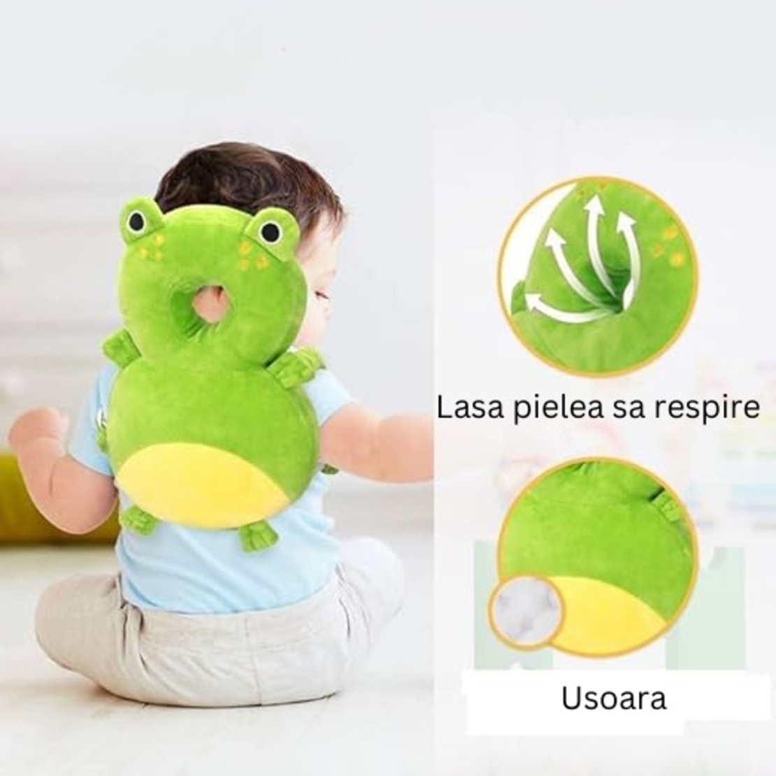 Perna tip Rucsac pentru Protectia Capului, Vafy, Tetiera tip Broscuta, pentru Bebelusi, 33x6x19 cm, 180 g, Verde