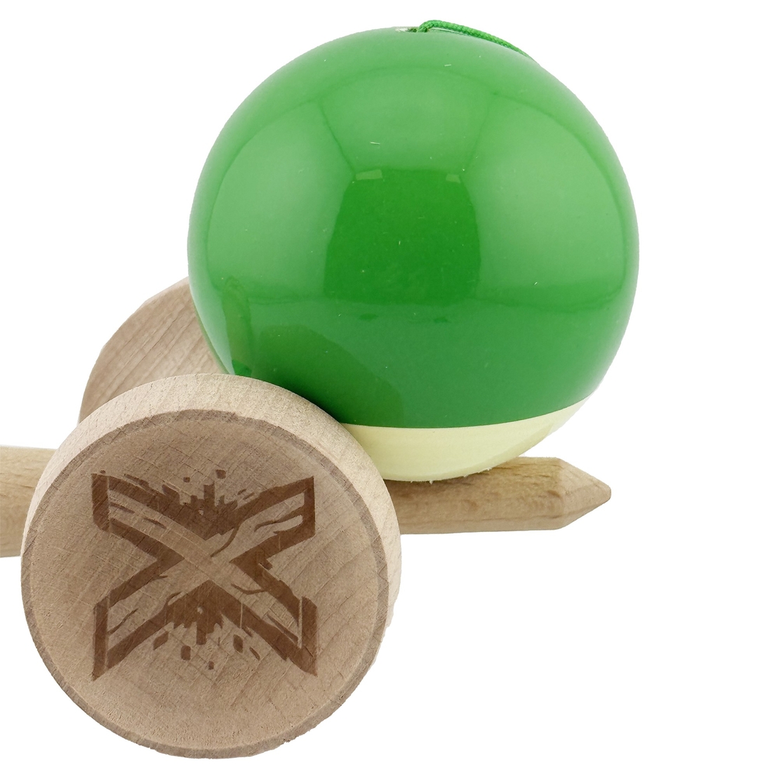 Kendama X Originala, Profesionala, Flippy, Super Sticky cu Cupe Mari KING SIZE V3, Gaura in Baza, Rulment Metalic, din lemn 18 cm, Ata 62/65 cm, Bicolor Verde/Alb