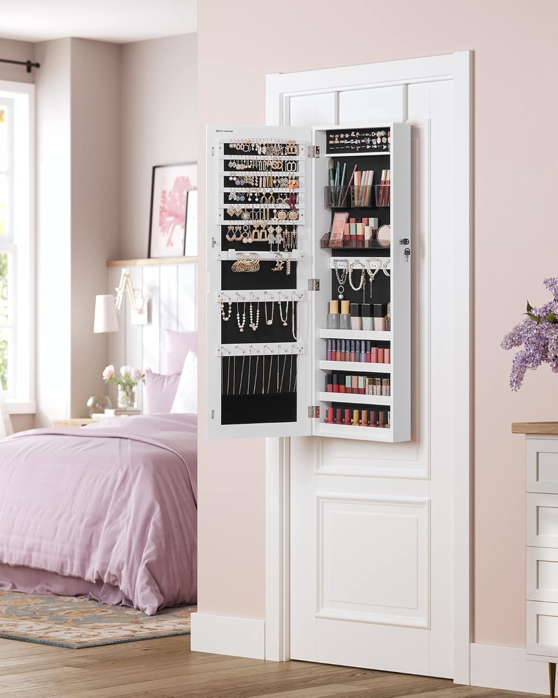 SONGMICS Dulap pentru bijuterii, cu oglinda design fara rama, MDF, montare pe perete sau usa, 37x10x108 cm, alb
