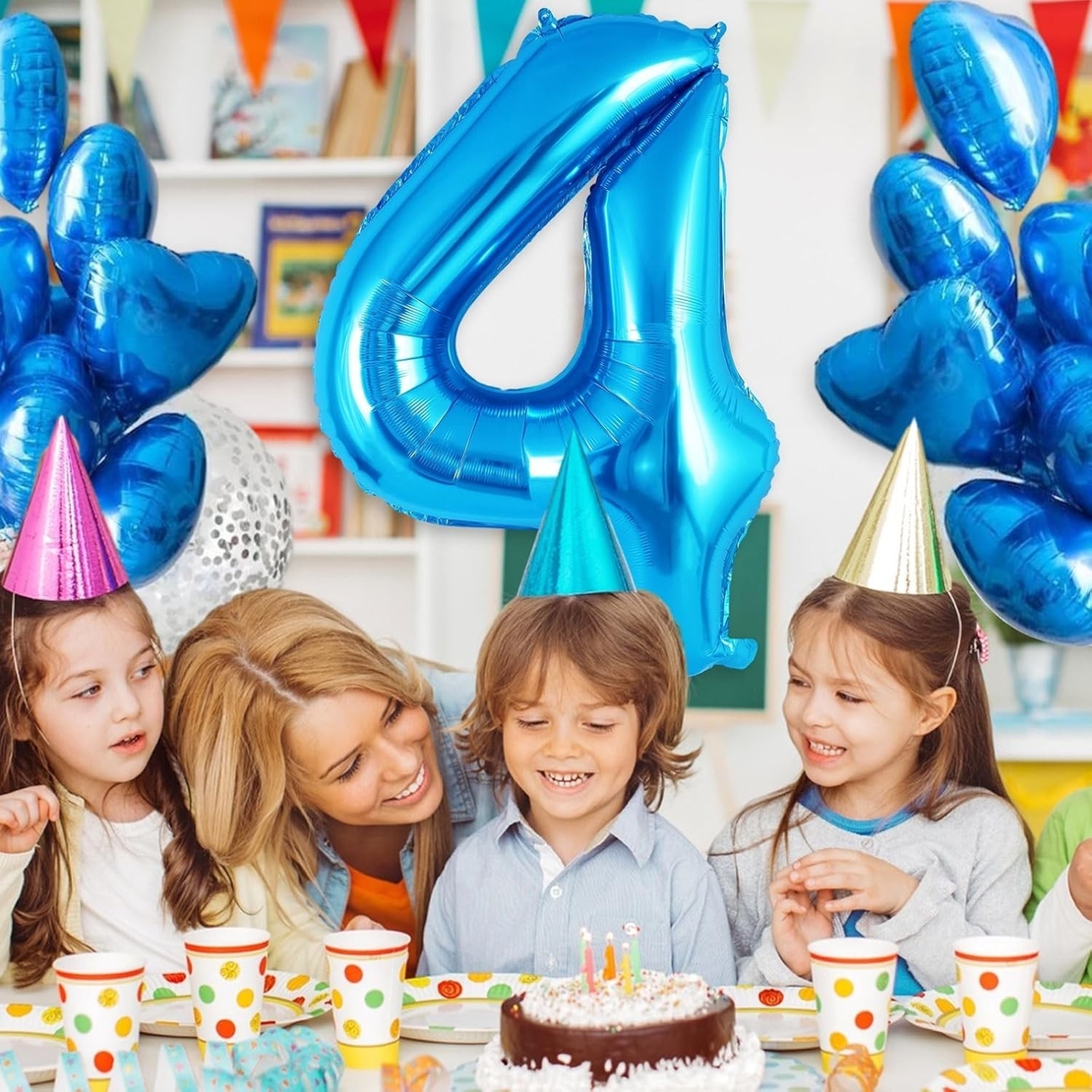 Balon din Folie Metalizata, Flippy, Figurina Cifra, Tema Aniversare 100 cm, Ambalaj Individual, Pai inclus, Umflare cu Aer sau Heliu, Albastru, Cifra 4