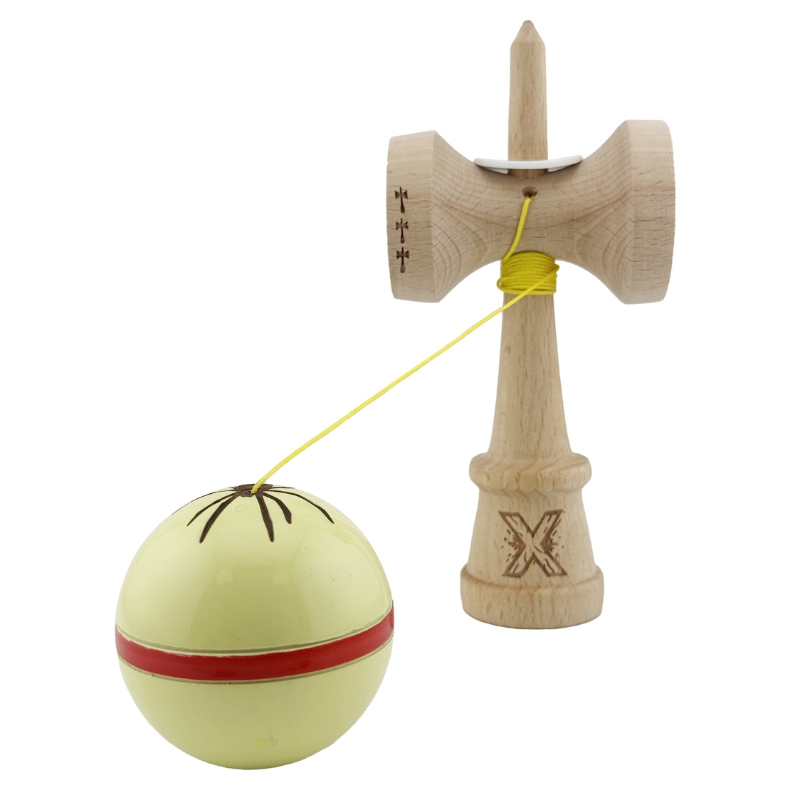 Kendama X Originala Silken, Profesionala, Flippy, Cupe Mari KING SIZE V3, Super Sticky, Gaura in Baza, Rulment Metalic, din lemn 18 cm, Ata 62/65 cm, Cream Galben