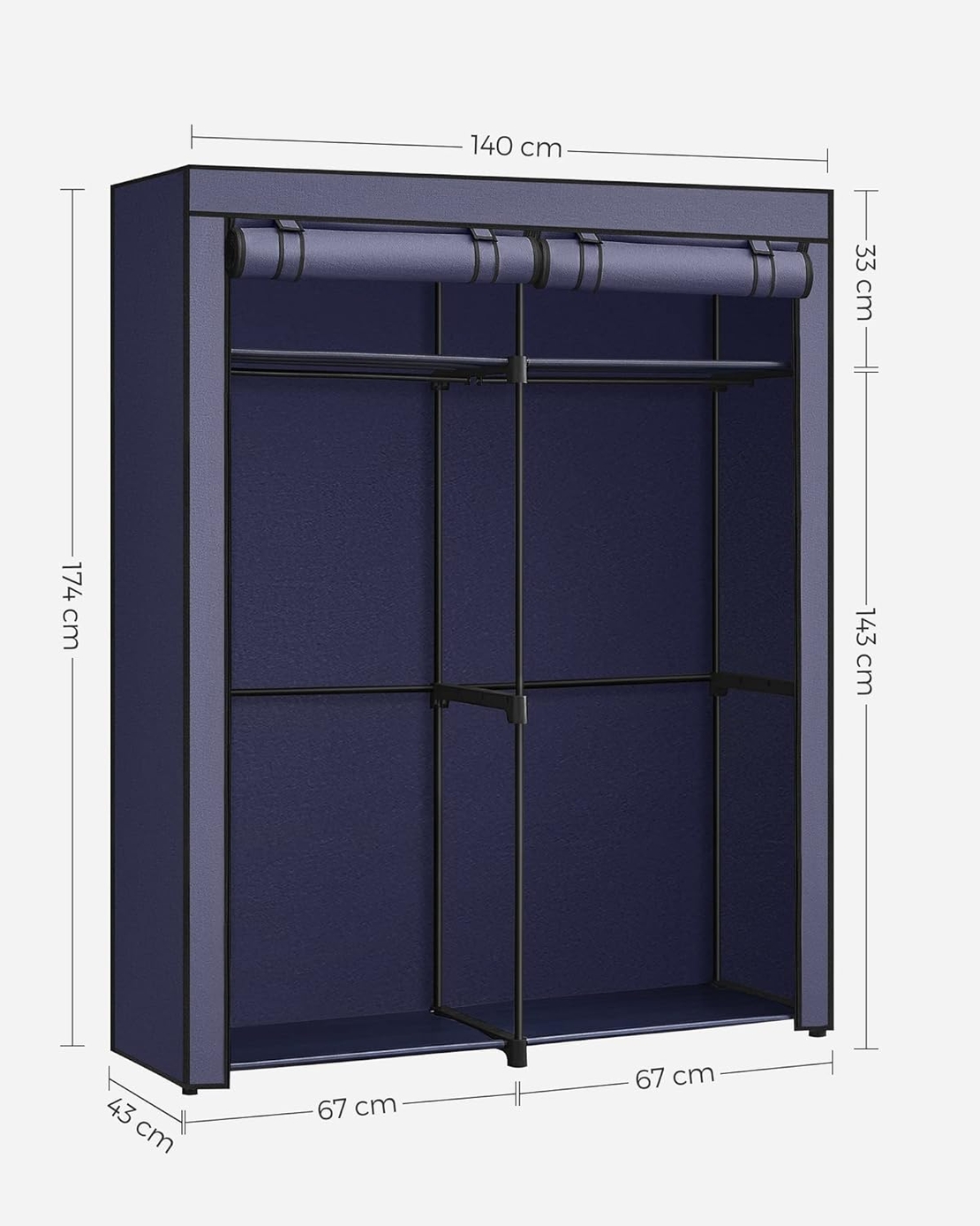 SONGMICS Garderoba pentru depozitarea hainelor, din material textil, cu 2 bare pentru umerase, 43x140x174cm, albastru