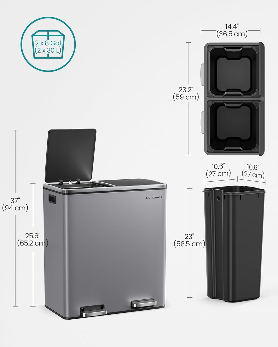 SONGMICS Cos de gunoi dublu colectare selectiva, 2x30L, cu pedale si capac soft close, galeata interioara, otel, 62x59x36 cm, gri