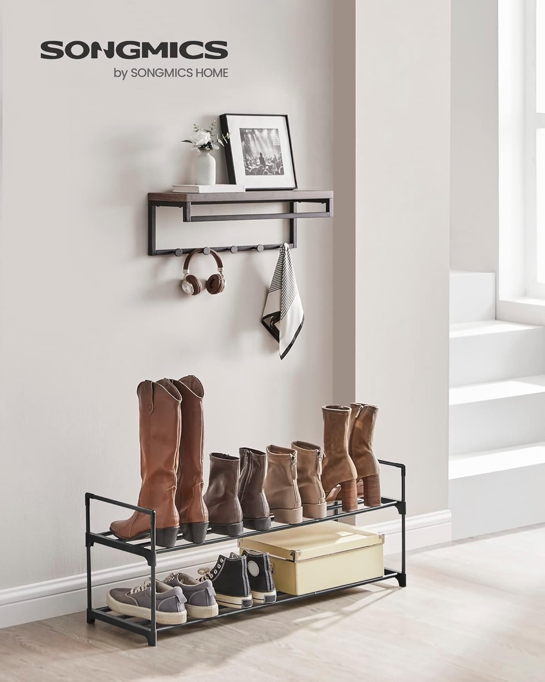 SONGMICS Suport pantofi 92x30x34 cm, 2 niveluri, suprapozabil, structura metalica, negru