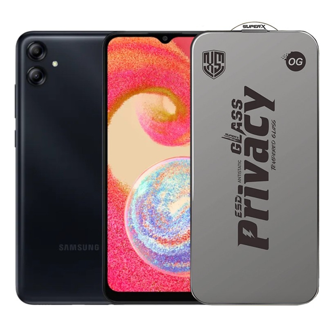 Folie de Protectie pentru Samsung Galaxy A04e, Vafy, Sticla Securizata ESD Antistatica, Super-X Privacy OG, Margini Negre, 0.30 mm, Transparent Inchis