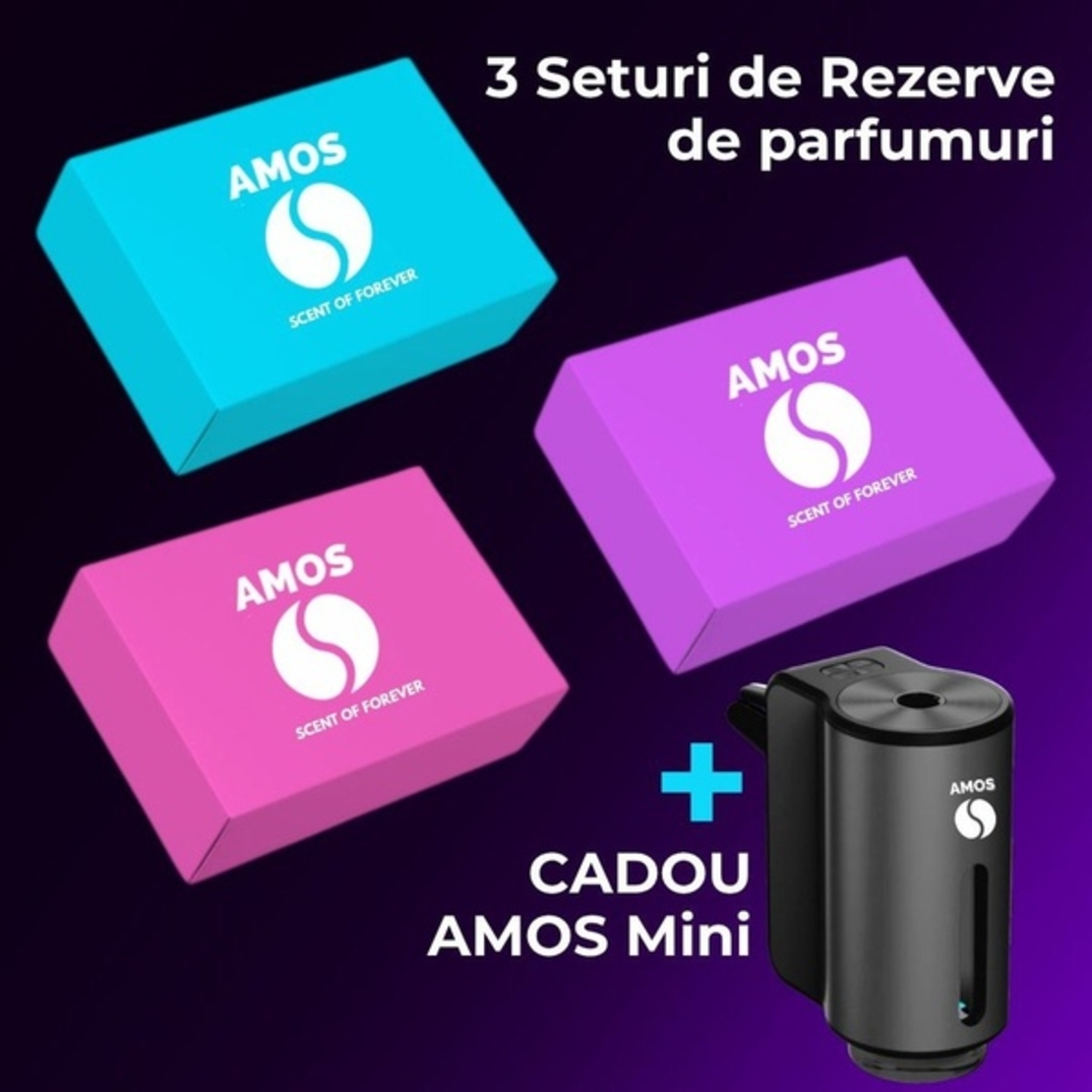 Set Amos Mini: set parfumuri Mov, Roz, Turcoaz + 1 difuzor mini gri inchis CADOU