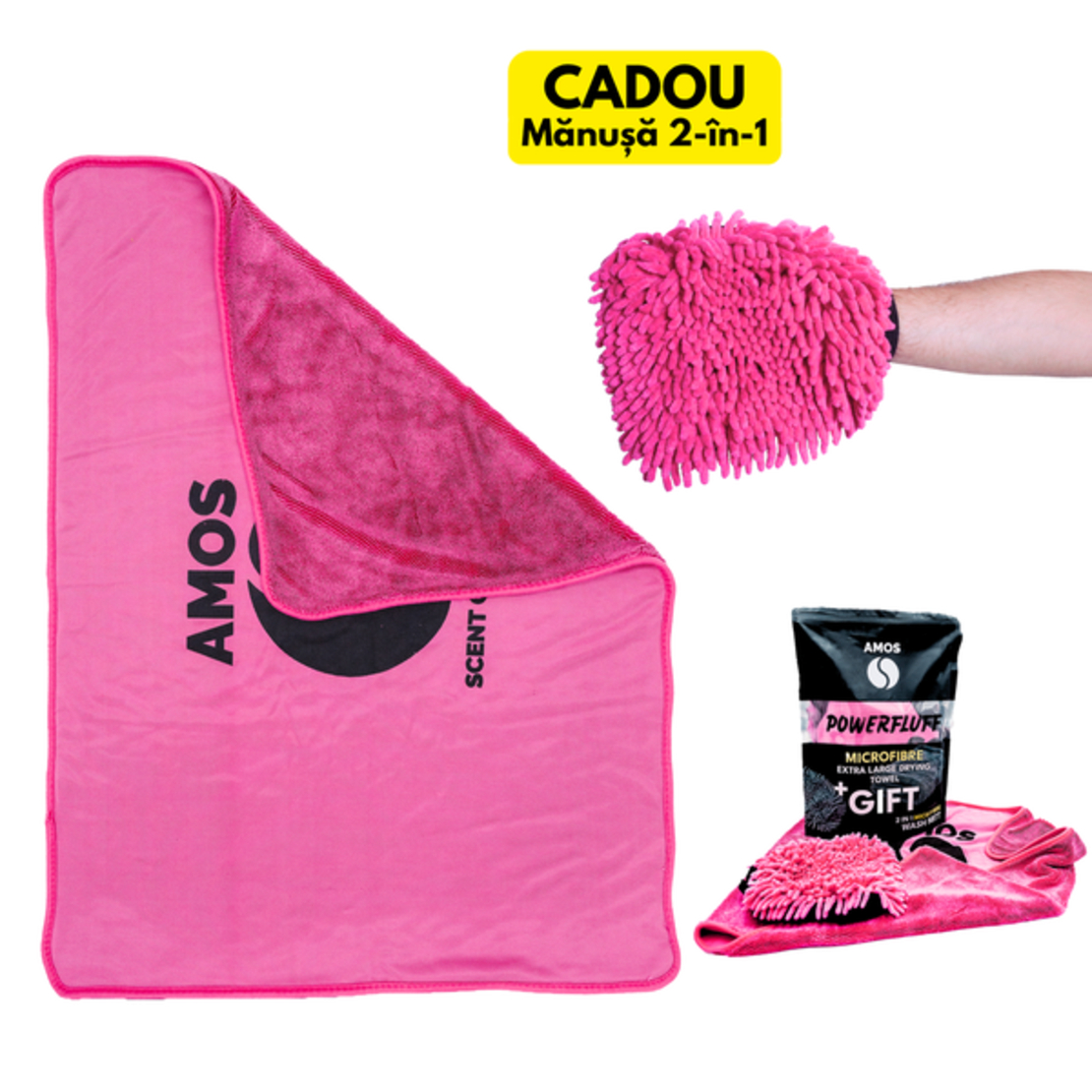 Pachet prosop roz microfibra ultra absorbant AMOS fluffy 1000 GSM 60*80cm + manusa roz CADOU