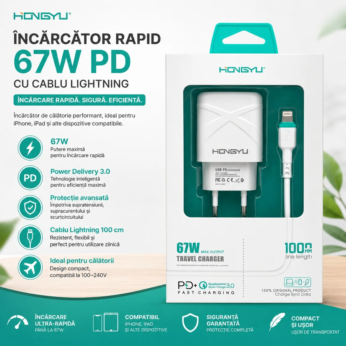 Încărcător Telefon Rapid 67W PD cu Cablu Lightning – USB-C Incarcare