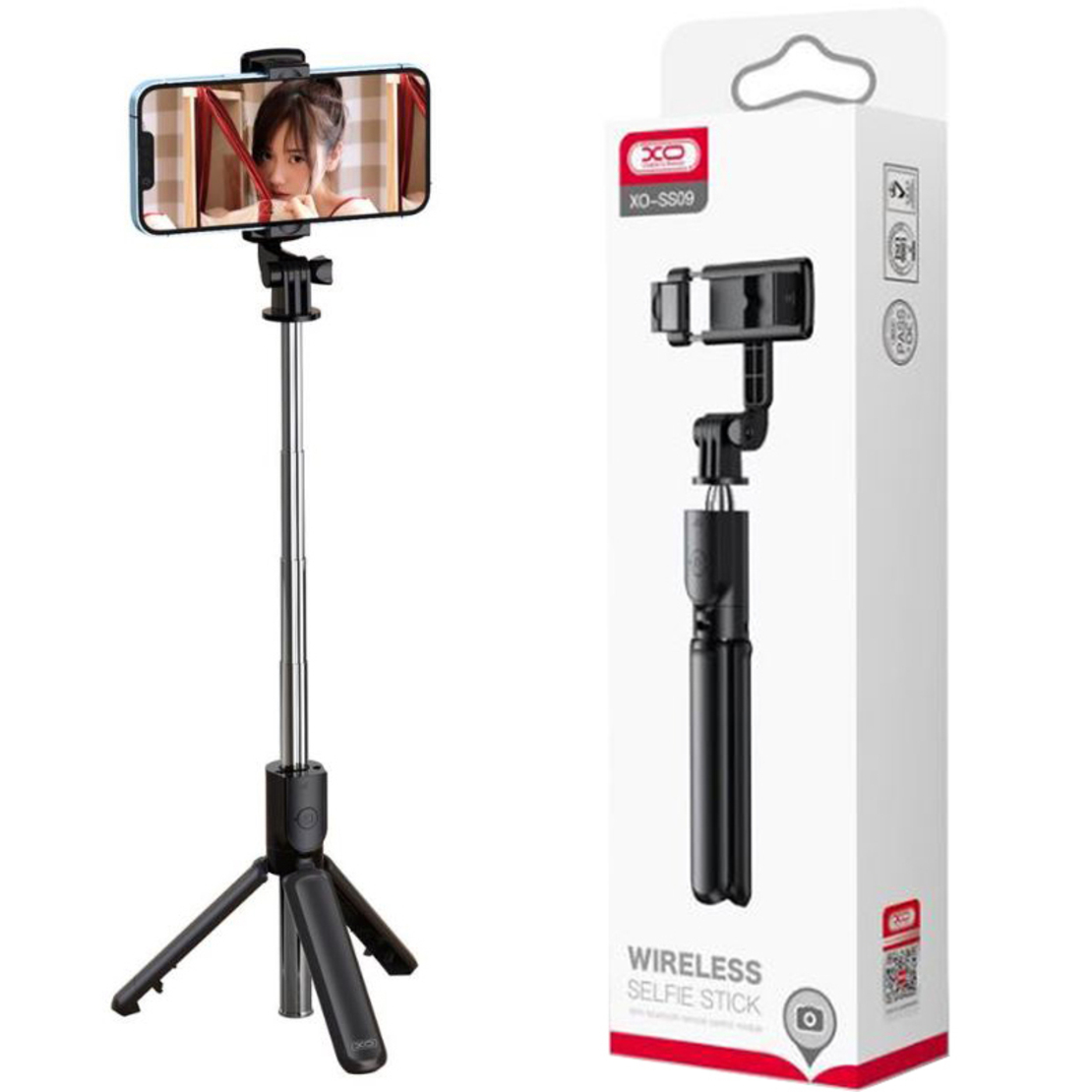 Selfie Stick Trepied, XO-SS09, Extensibil 5 Segmente, Control Telecomanda Bluetooth, Rotativ, Negru