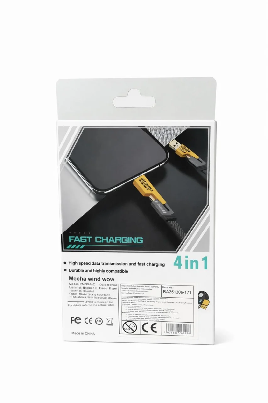 Cablu de încărcare rapidă Hongyu Flat Wire, USB-A la Lightning, 65W / 27W, 1 m, negru cu galben
