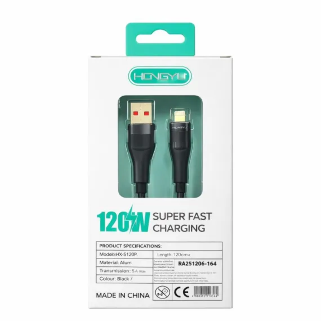 Cablu de încărcare rapidă Hongyu USB – Lightning 120W, 120 cm, LED indicator, pentru iPhone, negru