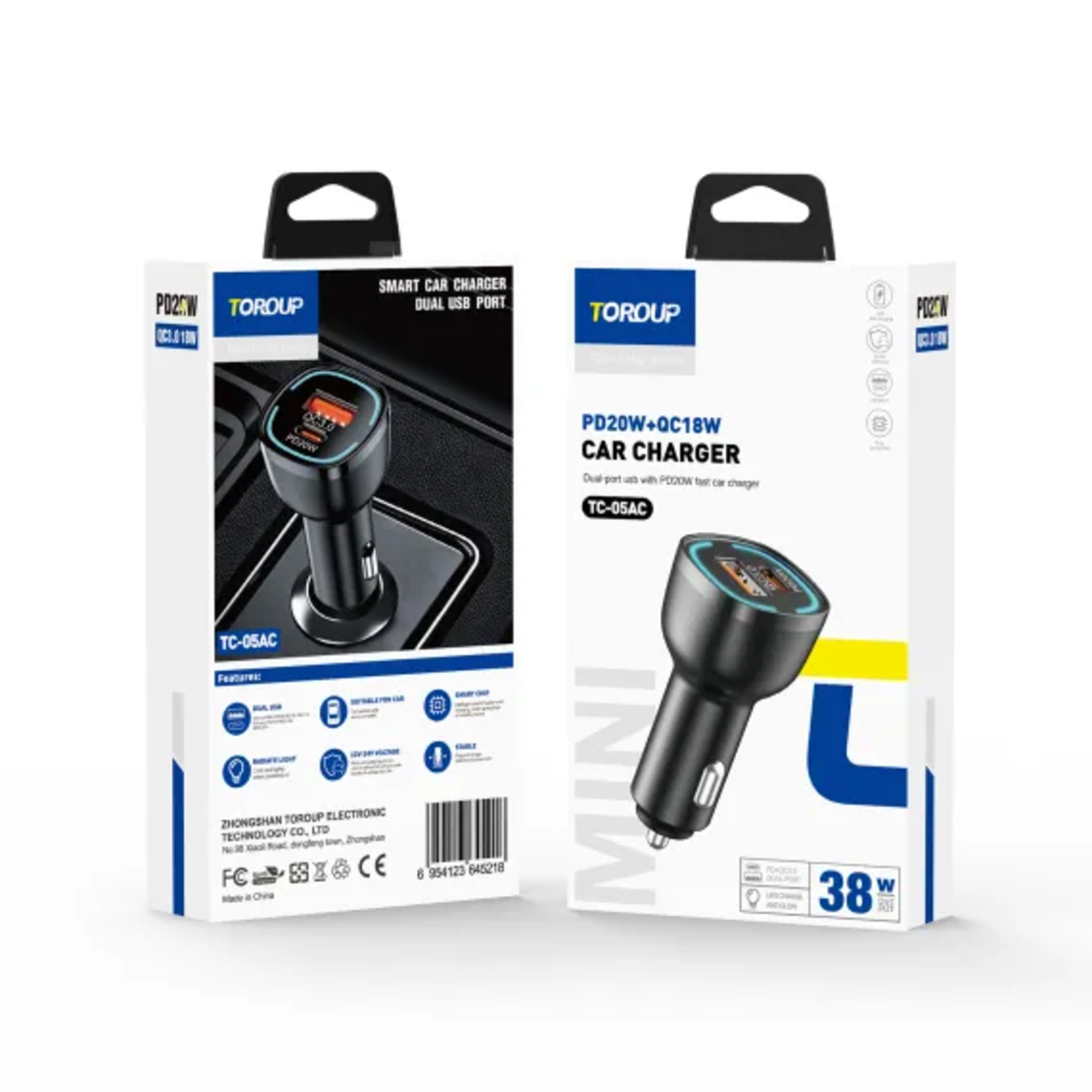 Încărcător auto  TOROUP TC-05AC – PD20W + QC3.0 18W, 38W Max