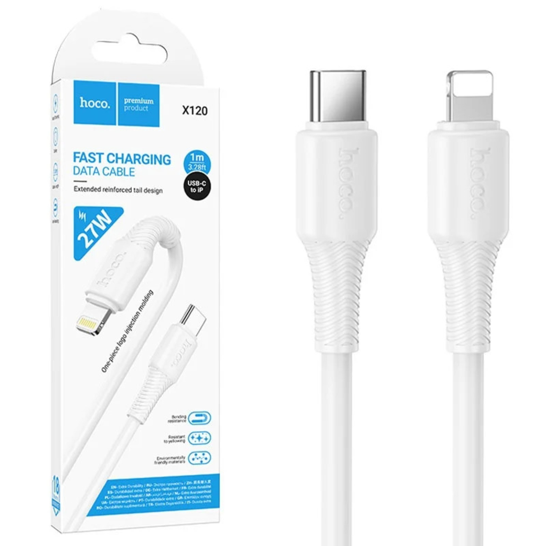 Cablu Type-C la Lightning 1m Hoco X120 – date si incarcare PD 27W, QC3.0 fast, rezistent, alb