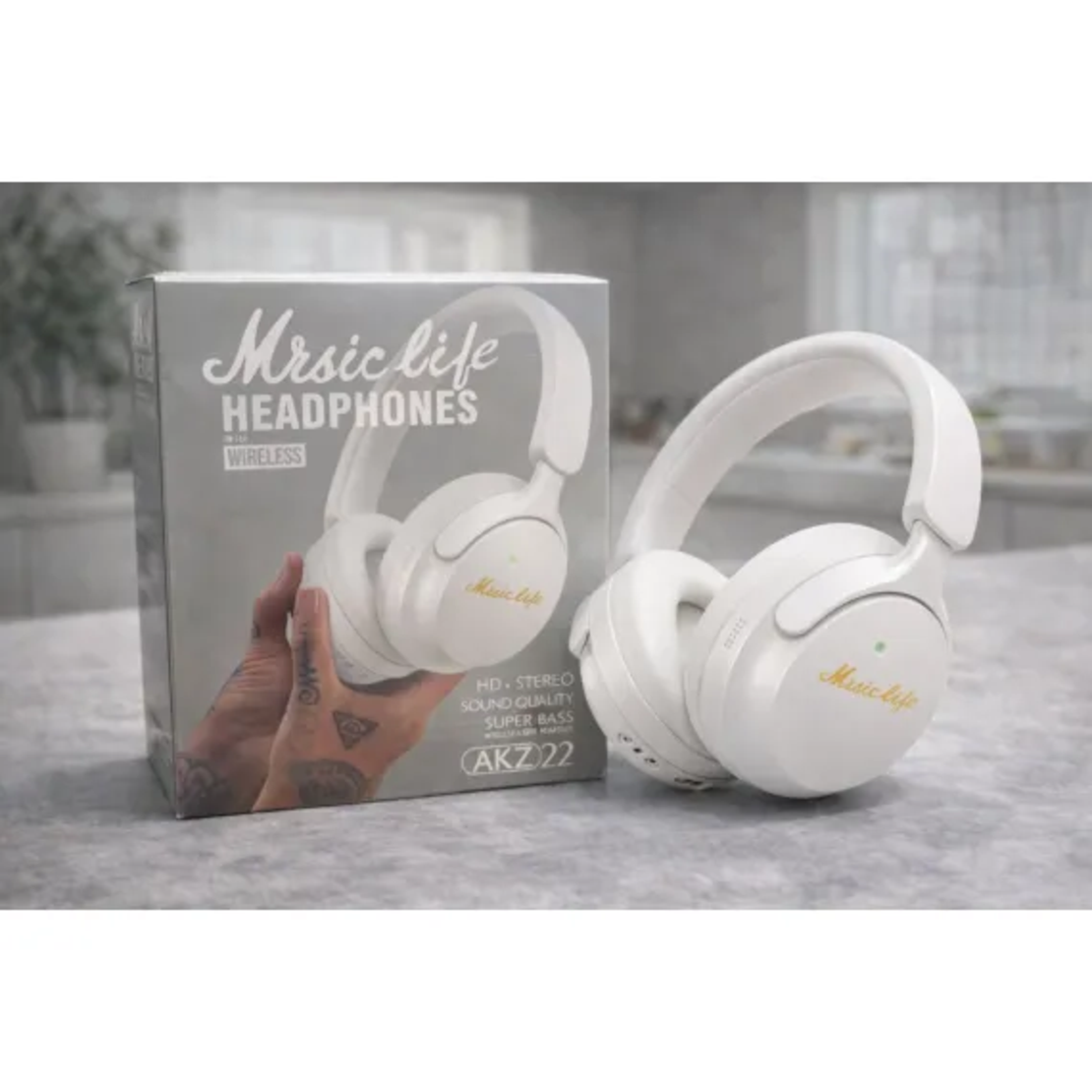 Casti wireless Bluetooth Music Life AKZ22 cu microfon, stereo HD si bass puternic alb
