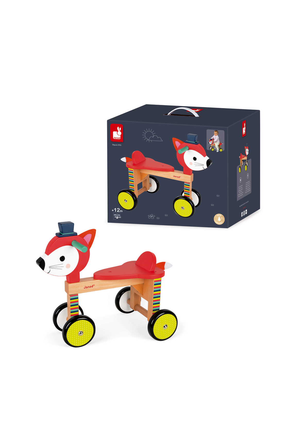 Bicicletǎ din lemn fără pedale Janod - Vulpița Baby Forest, 12-36 luni