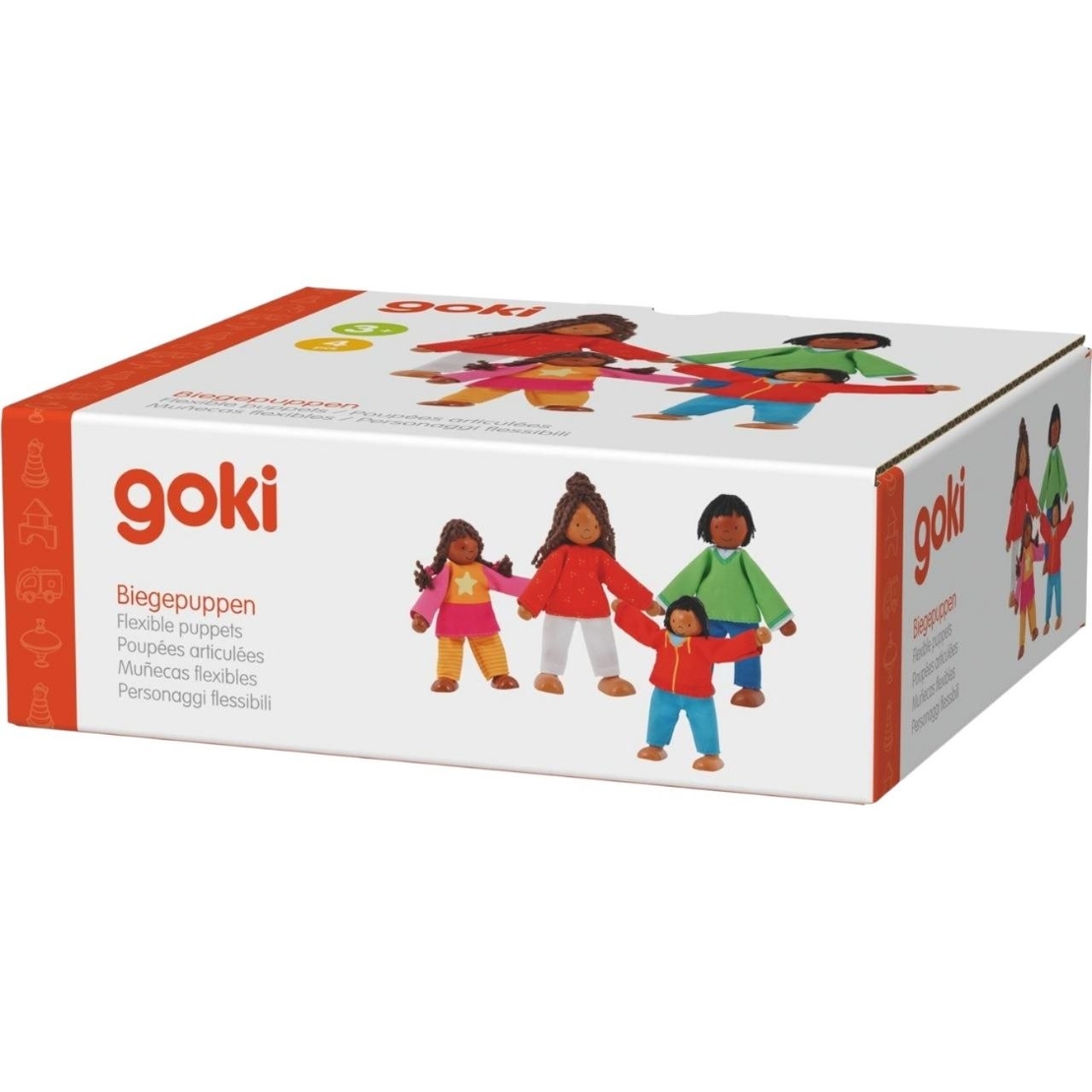 Set 4 păpuși flexibile din lemn Goki - Familia Colorată, 9-11 cm