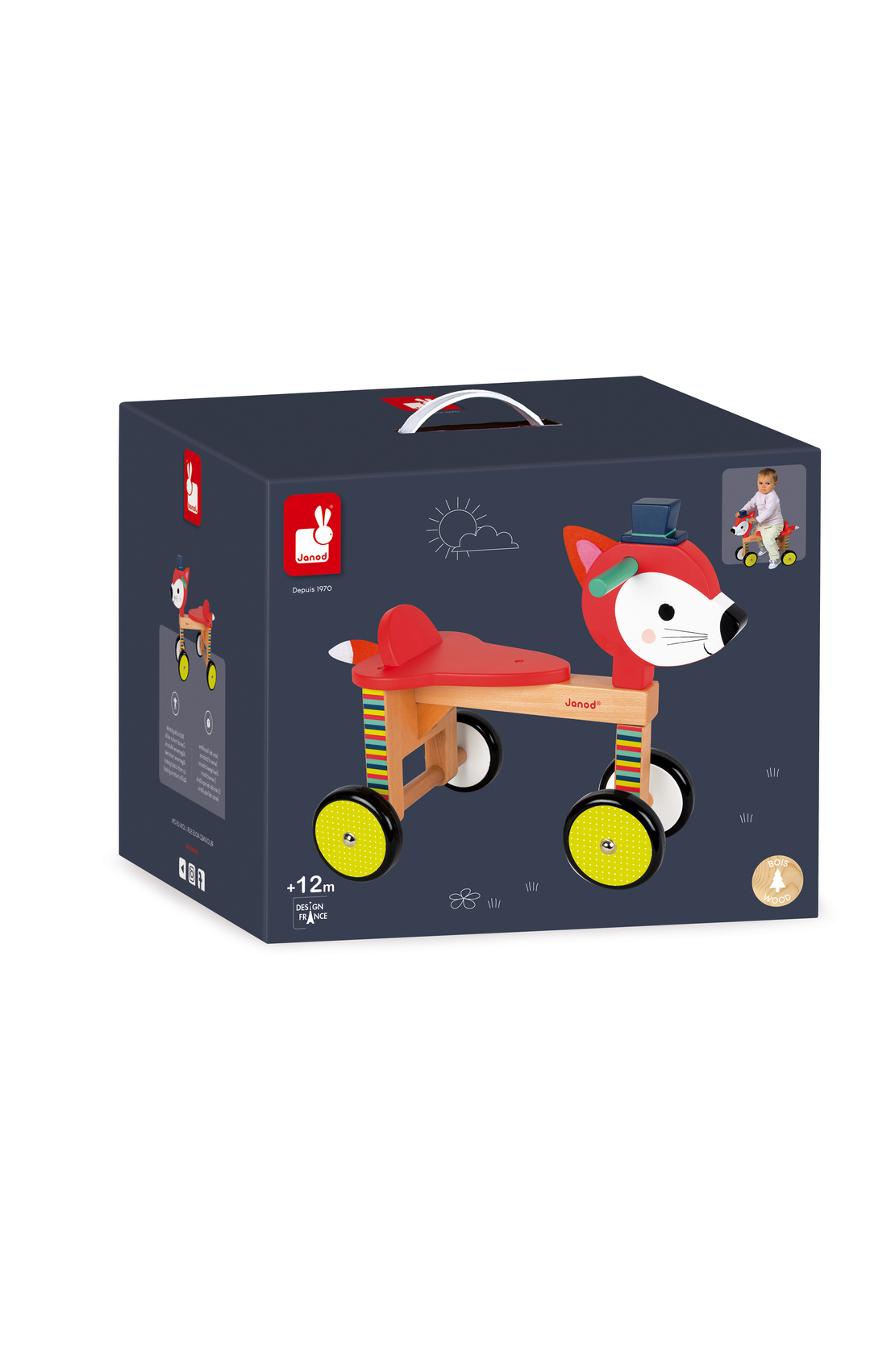 Bicicletǎ din lemn fără pedale Janod - Vulpița Baby Forest, 12-36 luni