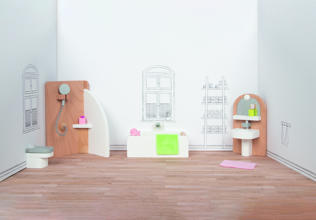 Set Mobilier din Lemn pentru Căsuța de Păpuși Goki – Baie Modernă, 10 Piese