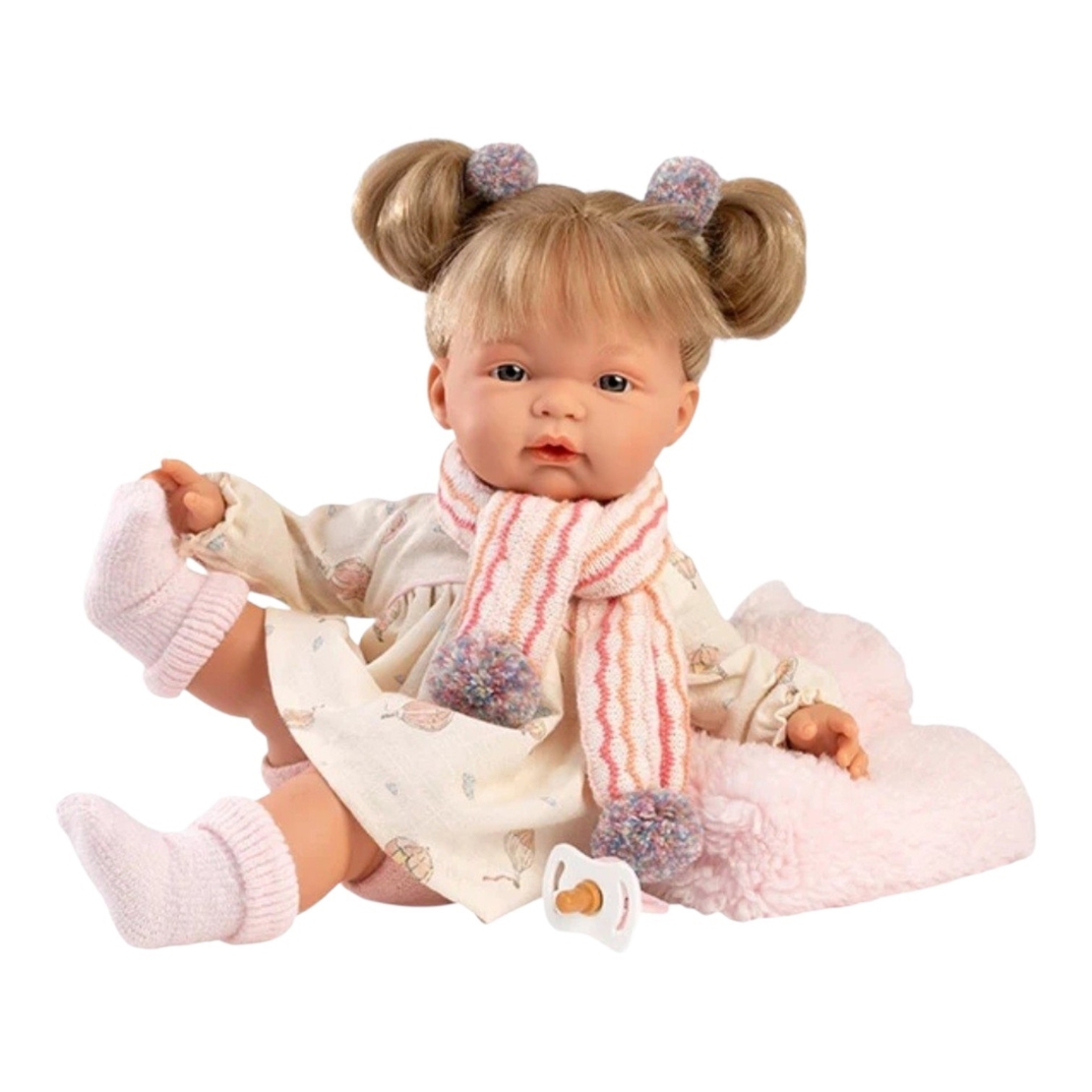 Papusa interactiva Llorens Joelle Llorona, bebelus cu corp moale, codite, vesta din blanita roz si sunete, 38 cm, 3 ani+