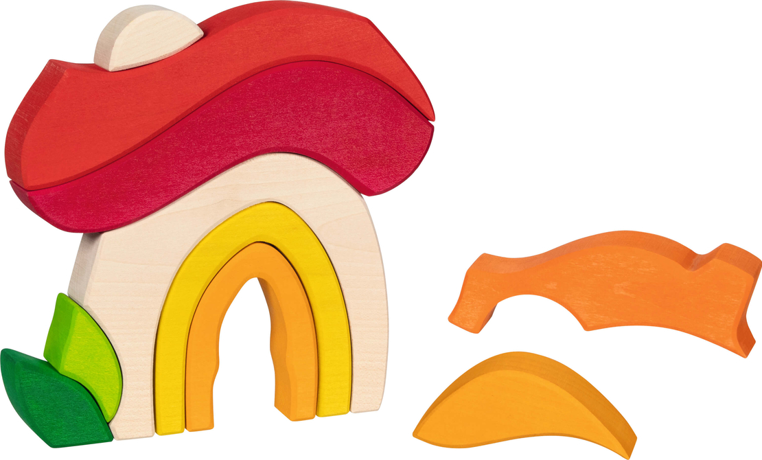 Joc de construcție și puzzle 3D din lemn Goki Evolution - Casa Ciupercă (Mushroom House), 7-11 piese