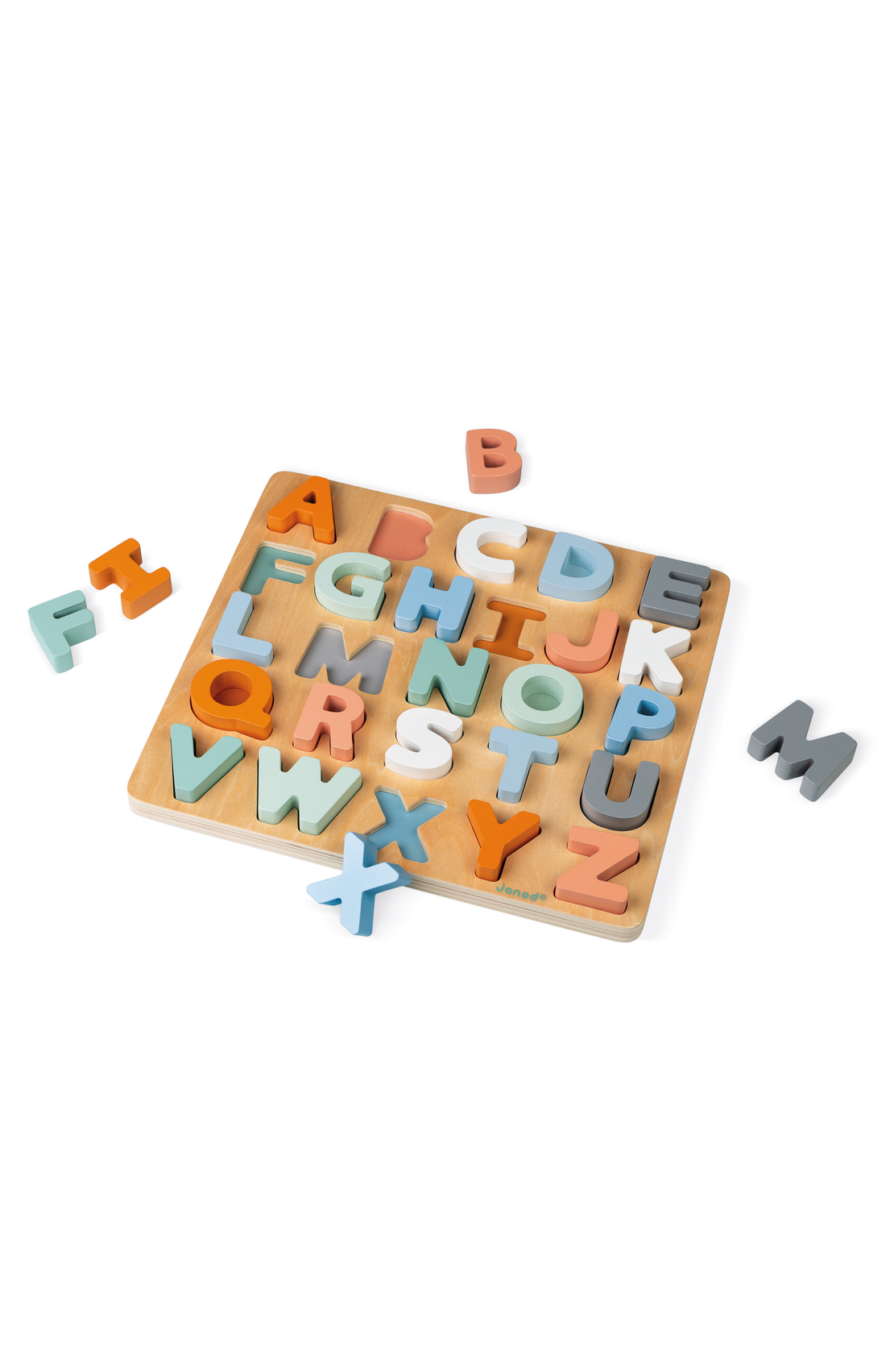 Puzzle alfabetic, Janod, din lemn, multicolor, 2-6 ani